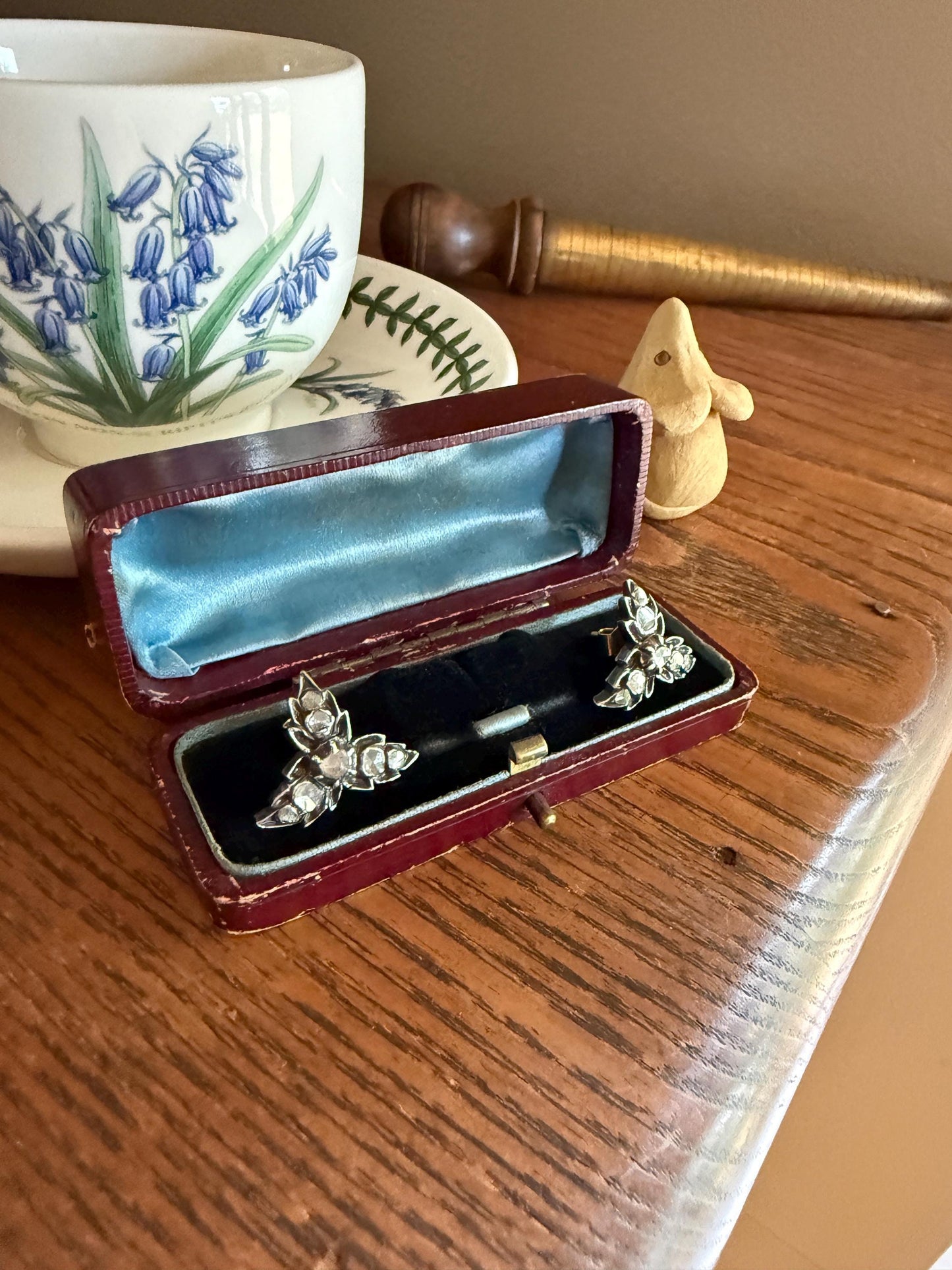 LEAF Georgian ANTIQUE Figural STUD Earrings Rose Cut Diamonds 18k Gold Silver Top Large Scale Spready Sparkle
