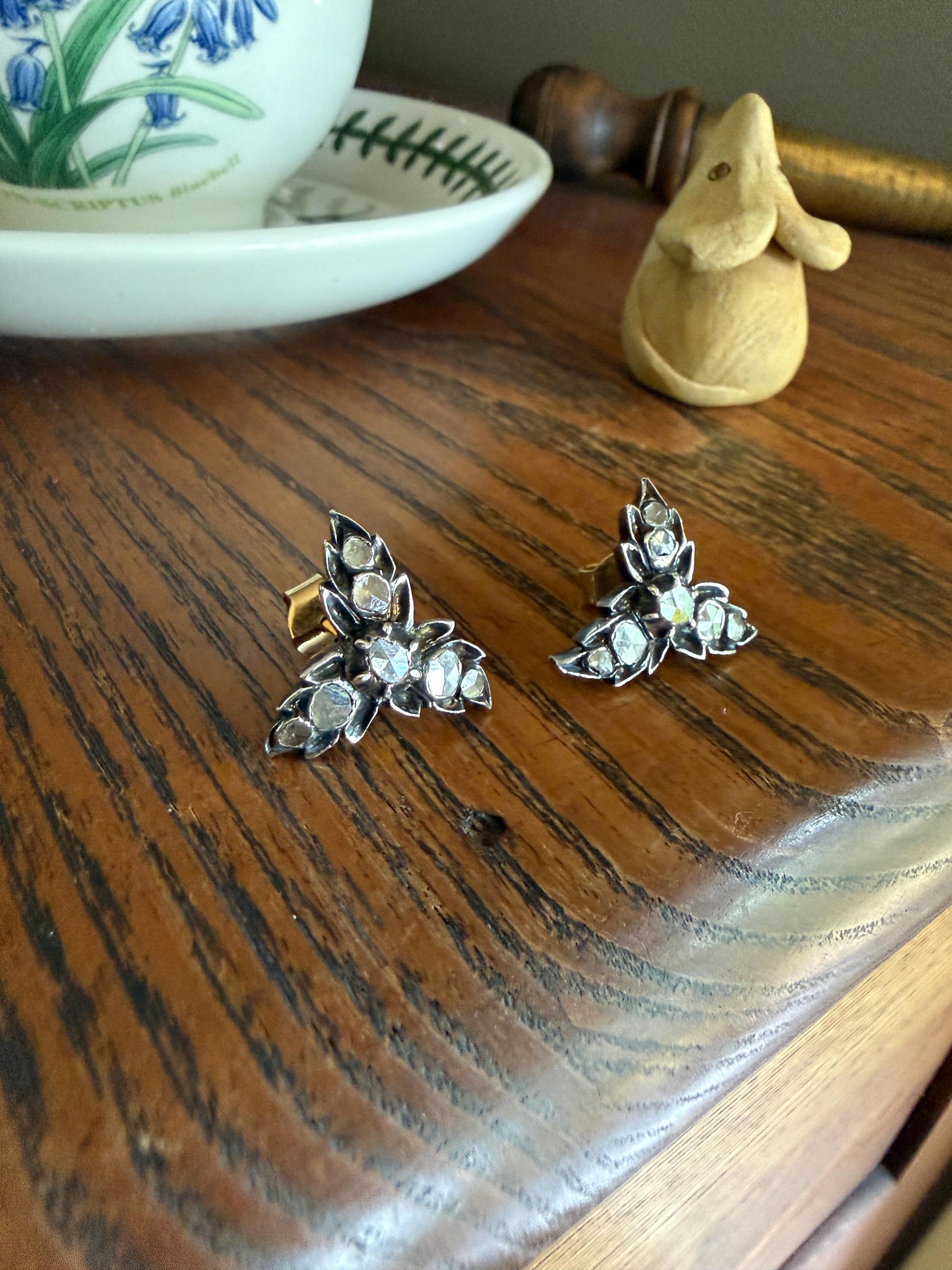 LEAF Georgian ANTIQUE Figural STUD Earrings Rose Cut Diamonds 18k Gold Silver Top Large Scale Spready Sparkle