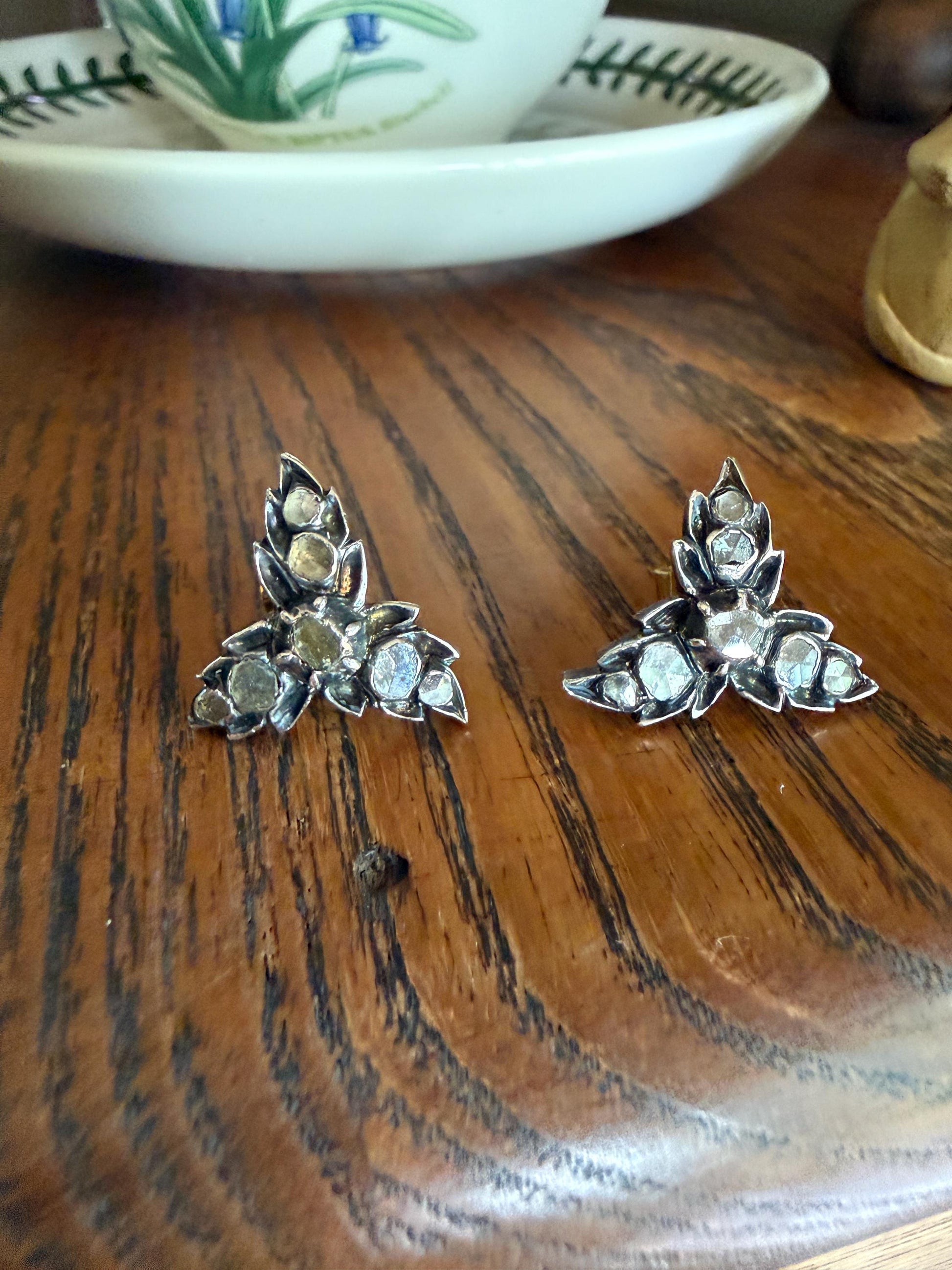 LEAF Georgian ANTIQUE Figural STUD Earrings Rose Cut Diamonds 18k Gold Silver Top Large Scale Spready Sparkle