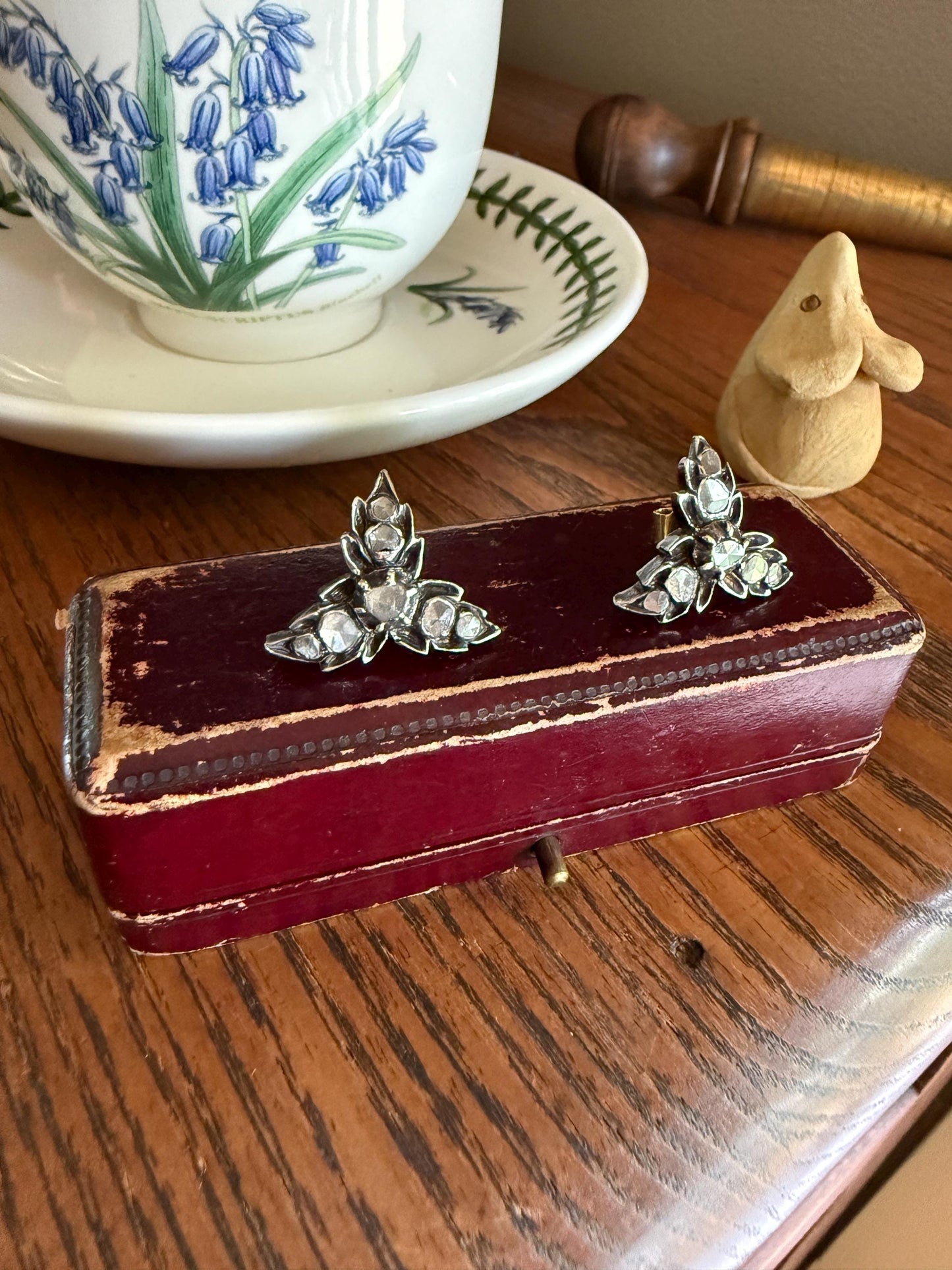 LEAF Georgian ANTIQUE Figural STUD Earrings Rose Cut Diamonds 18k Gold Silver Top Large Scale Spready Sparkle