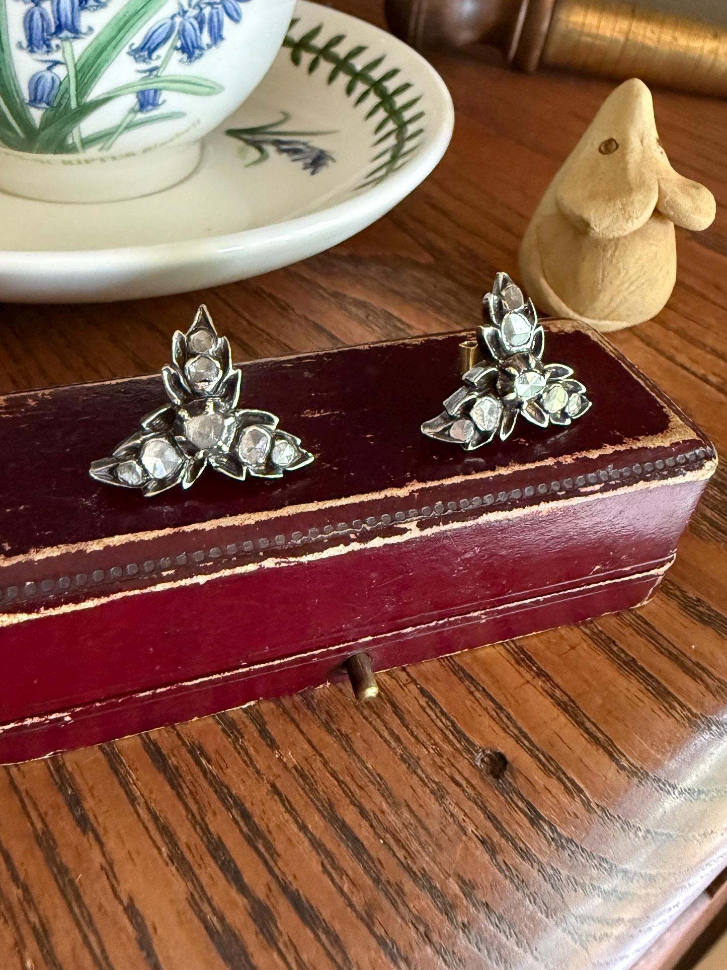 LEAF Georgian ANTIQUE Figural STUD Earrings Rose Cut Diamonds 18k Gold Silver Top Large Scale Spready Sparkle