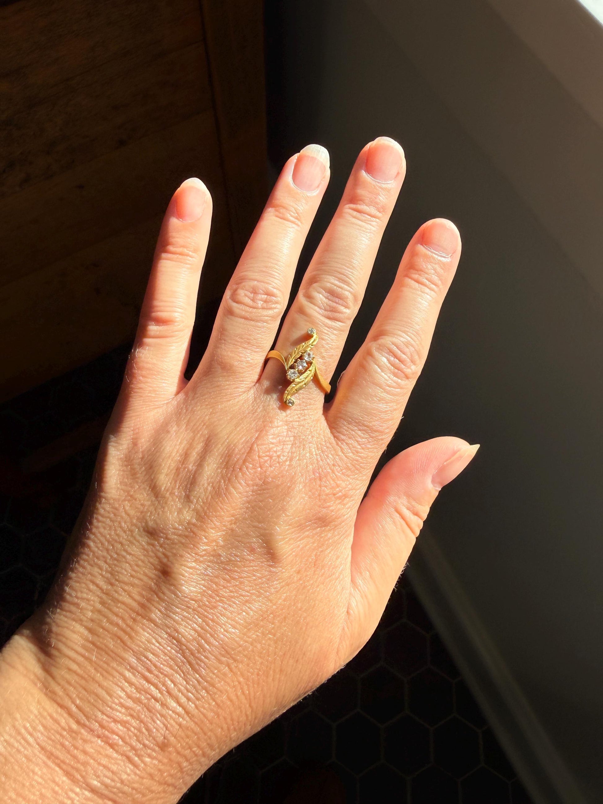 FEATHER Art Nouveau Old Mine Cut Diamond Swirl Ring 18k Gold Antique Band Bypass Movement Sparkle Brushed Satin Matte Finish Texture