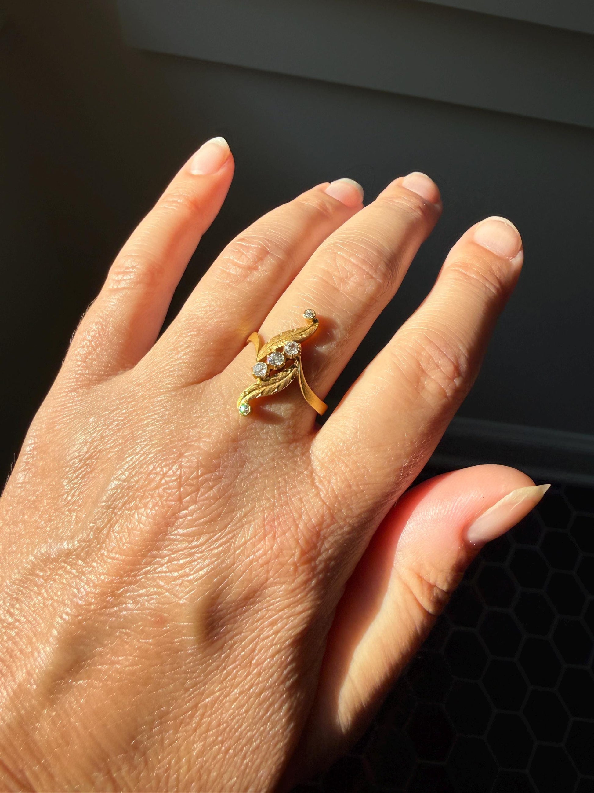 FEATHER Art Nouveau Old Mine Cut Diamond Swirl Ring 18k Gold Antique Band Bypass Movement Sparkle Brushed Satin Matte Finish Texture