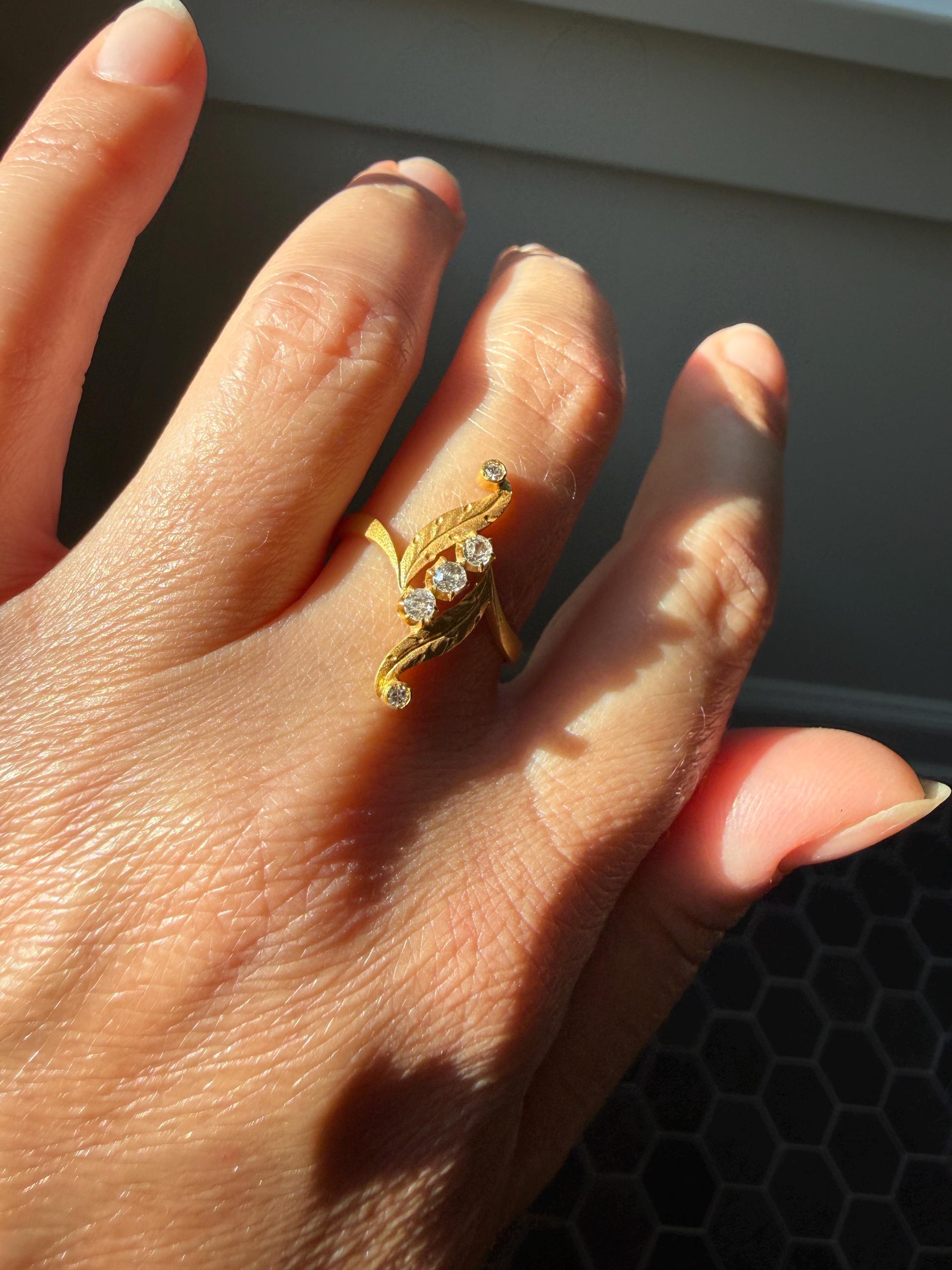 FEATHER Art Nouveau Old Mine Cut Diamond Swirl Ring 18k Gold Antique Band Bypass Movement Sparkle Brushed Satin Matte Finish Texture