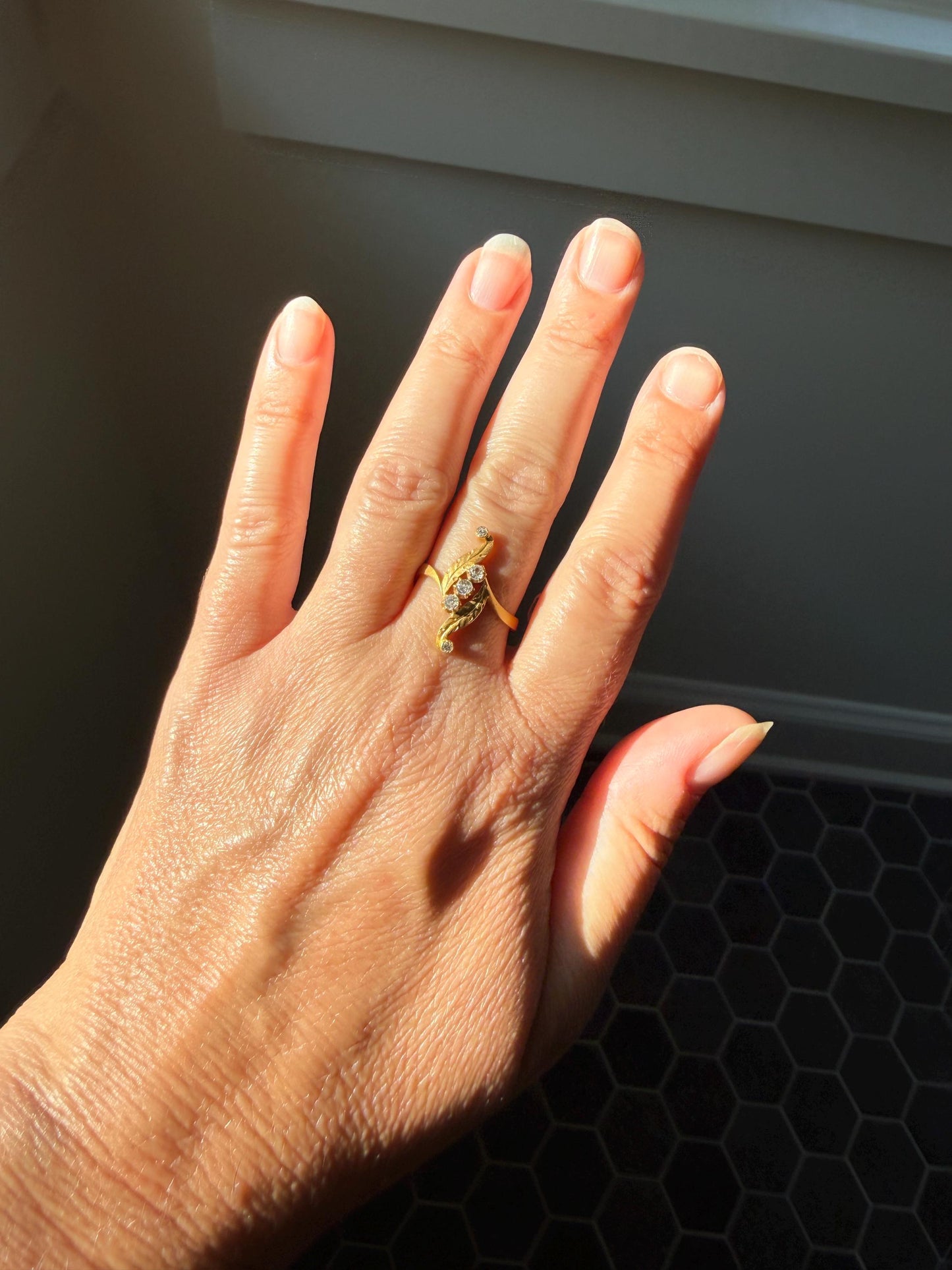 FEATHER Art Nouveau Old Mine Cut Diamond Swirl Ring 18k Gold Antique Band Bypass Movement Sparkle Brushed Satin Matte Finish Texture