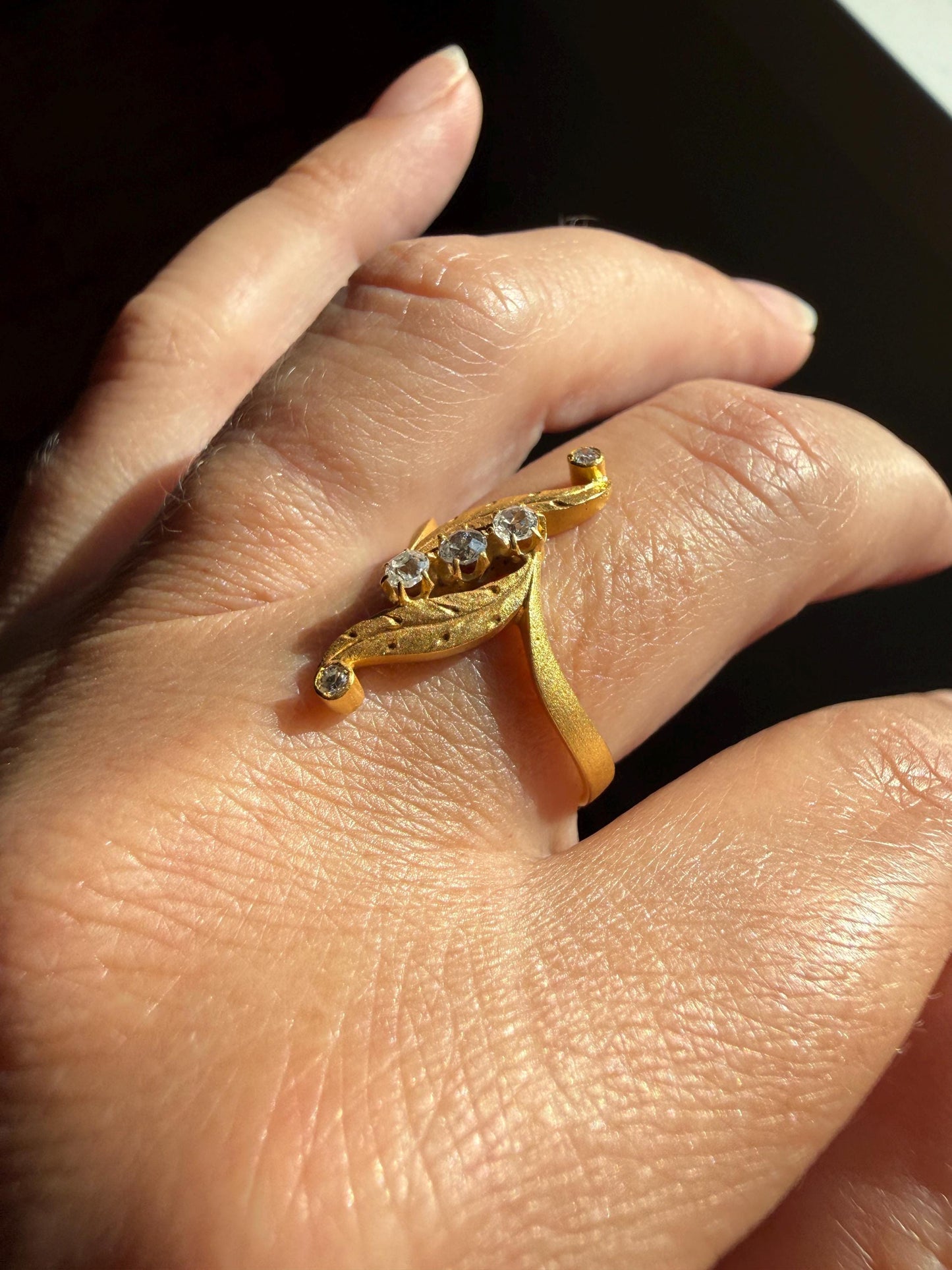 FEATHER Art Nouveau Old Mine Cut Diamond Swirl Ring 18k Gold Antique Band Bypass Movement Sparkle Brushed Satin Matte Finish Texture
