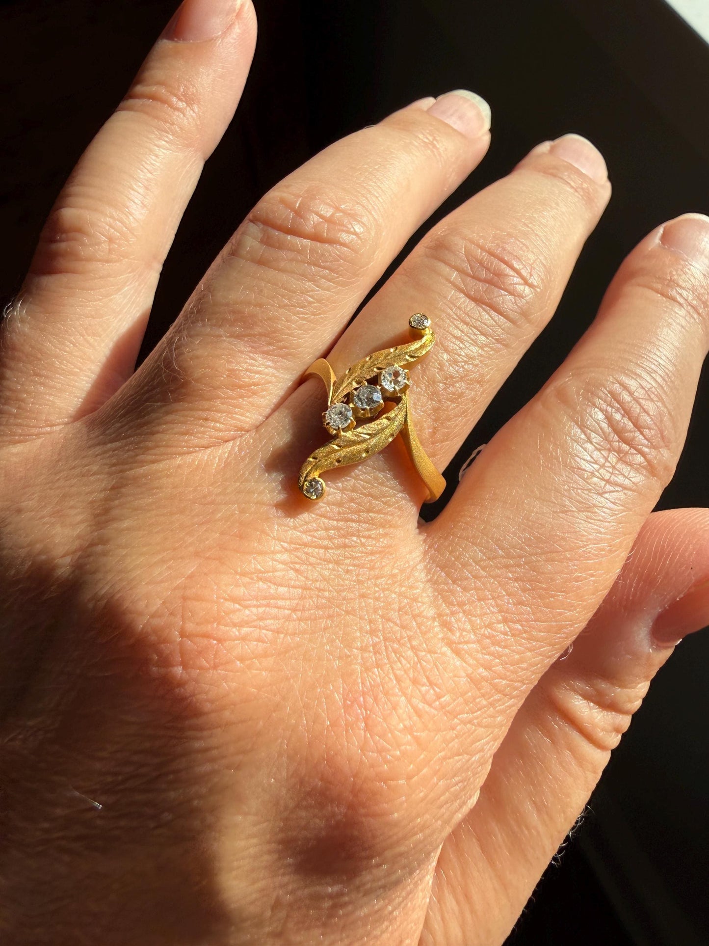 FEATHER Art Nouveau Old Mine Cut Diamond Swirl Ring 18k Gold Antique Band Bypass Movement Sparkle Brushed Satin Matte Finish Texture