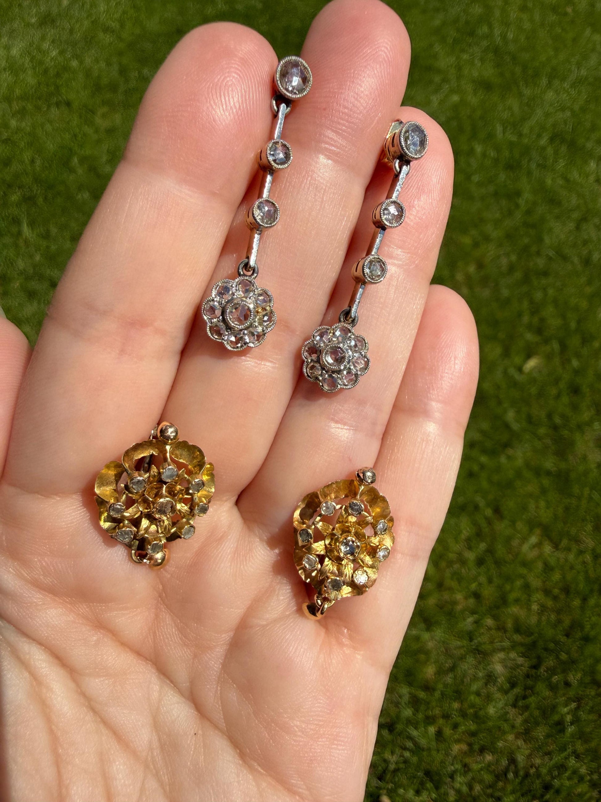 STAR Floral Antique Iberian Earrings Georgian Era 18k Gold Figural Rose Cut Diamond Starburst 3D Traditional Spanish Regional