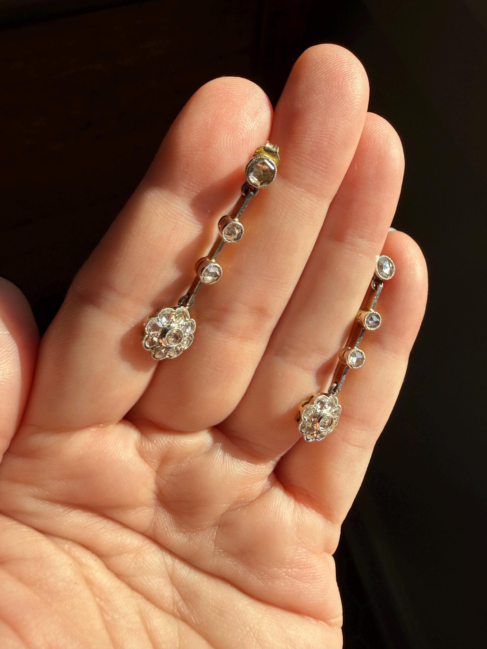 ANTIQUE Rose Cut DIAMOND Daisy Cluster Dangle Earrings French Belle Epoque 18k Gold Linear Drops Floral