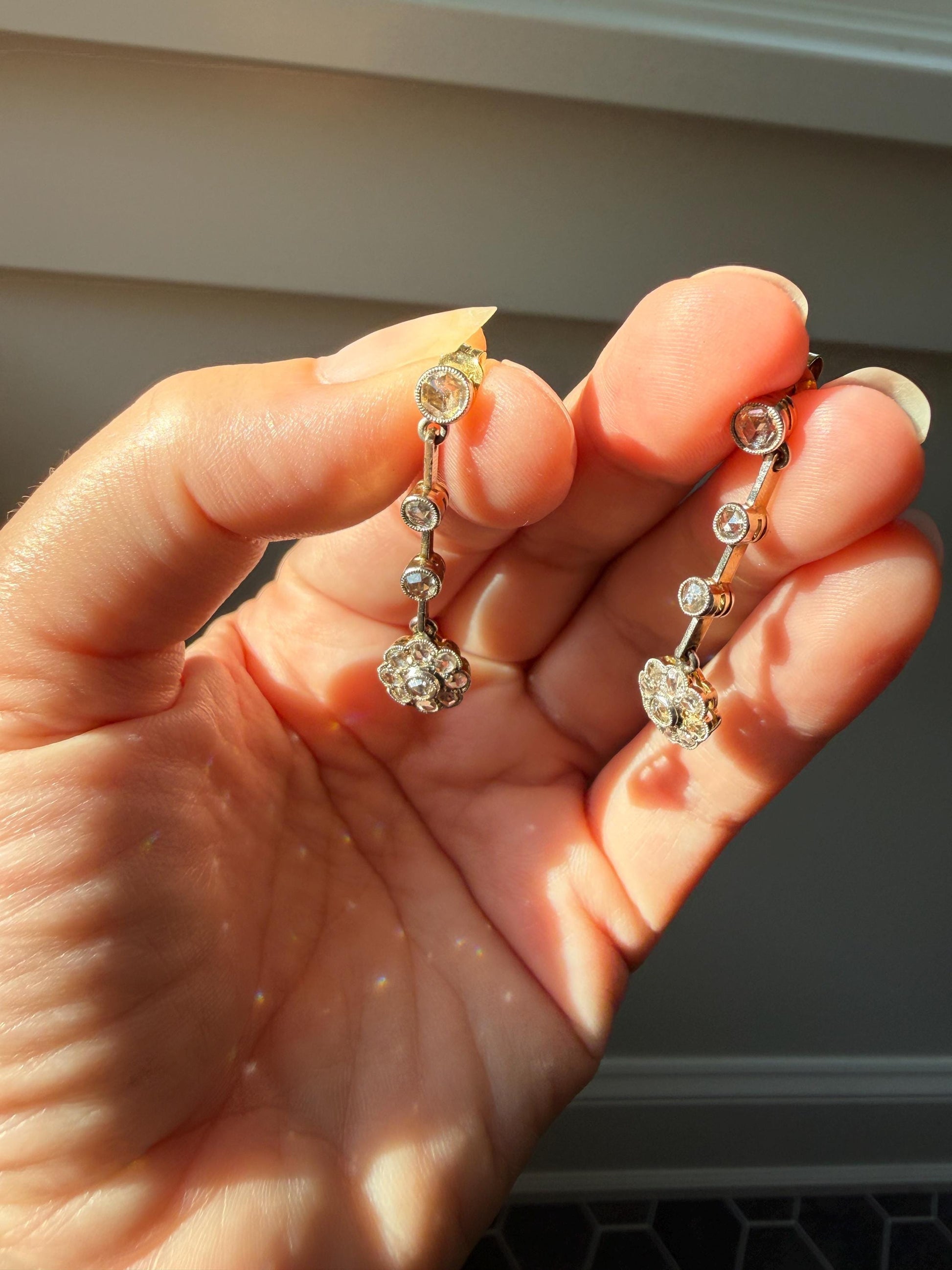 ANTIQUE Rose Cut DIAMOND Daisy Cluster Dangle Earrings French Belle Epoque 18k Gold Linear Drops Floral