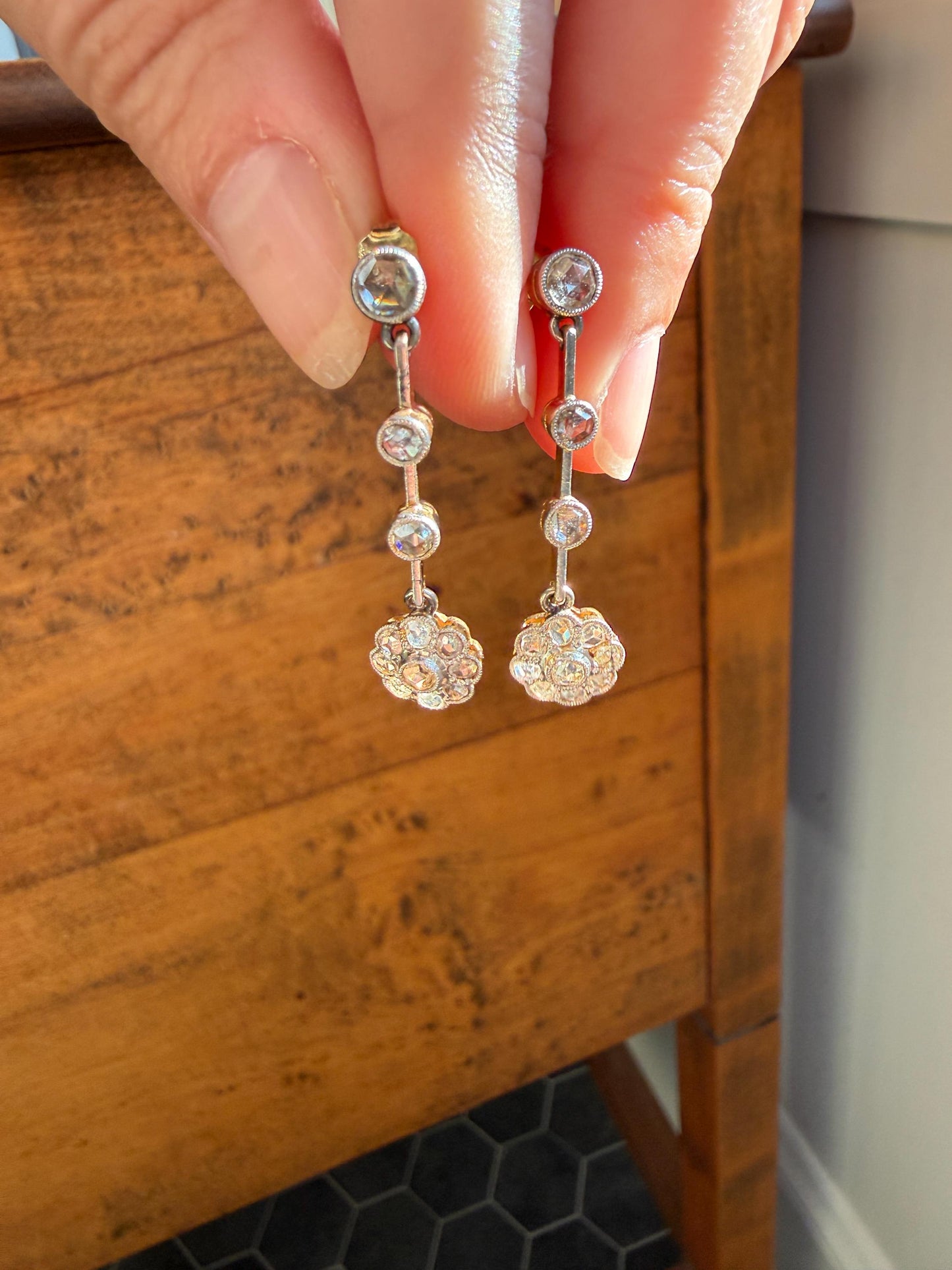 ANTIQUE Rose Cut DIAMOND Daisy Cluster Dangle Earrings French Belle Epoque 18k Gold Linear Drops Floral