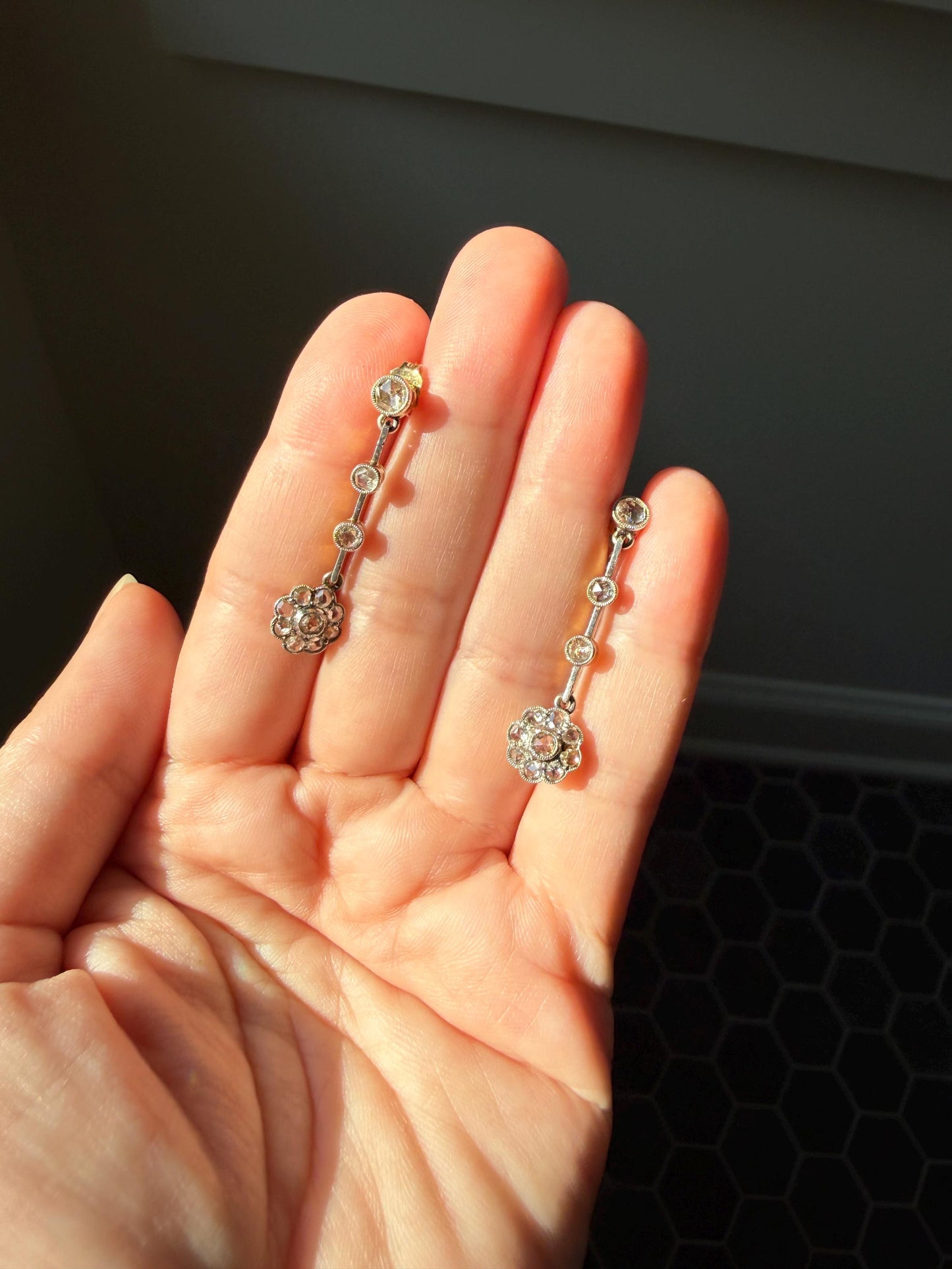 ANTIQUE Rose Cut DIAMOND Daisy Cluster Dangle Earrings French Belle Epoque 18k Gold Linear Drops Floral