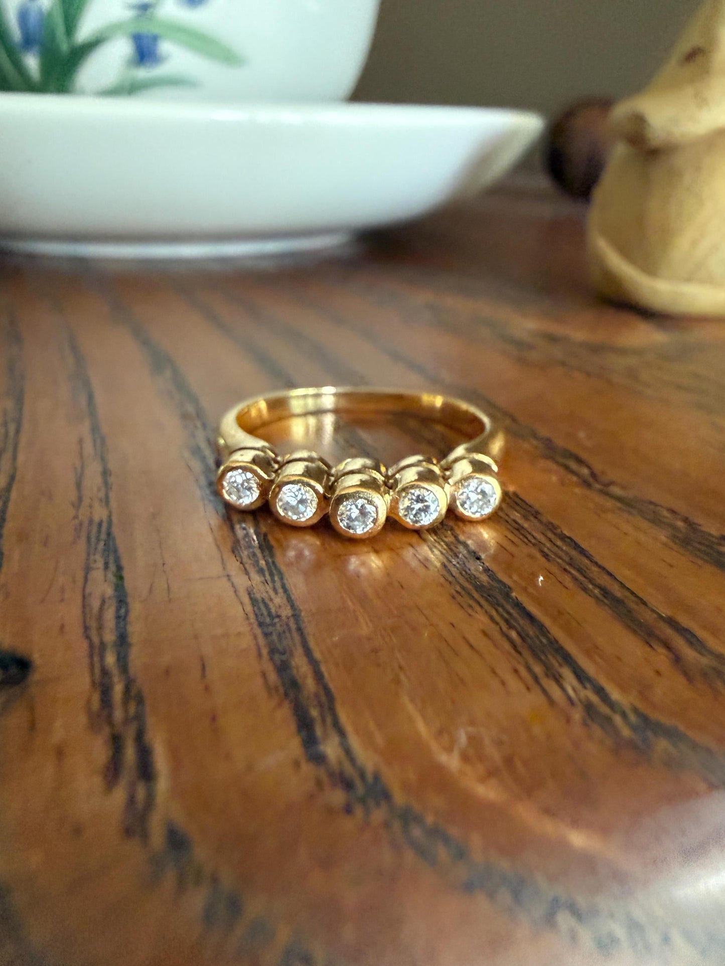 Vintage Five Stone DIAMOND Tiered Bezel Set Diamond Skinny Band 18k Gold Tall Crown Ring Minimalist Stacker
