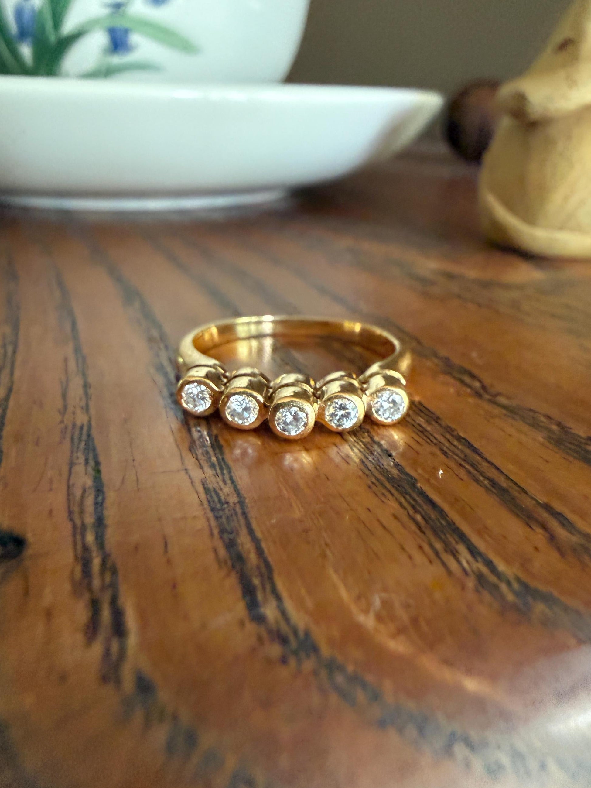 Vintage Five Stone DIAMOND Tiered Bezel Set Diamond Skinny Band 18k Gold Tall Crown Ring Minimalist Stacker