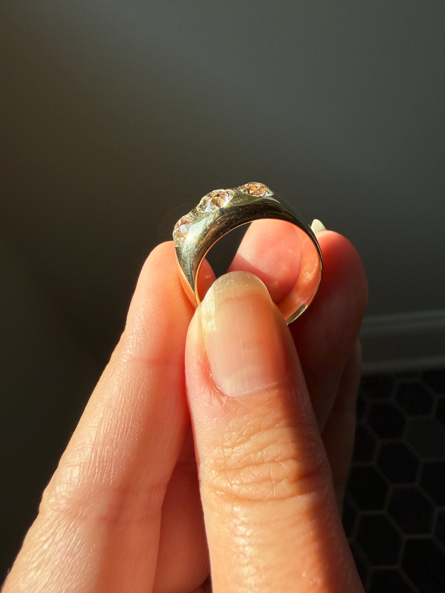 HEAVY Antique 2.4 Carats Natural Old Mine Cut Diamond Three Stone Gypsy Band 10.1g 14k Gold Stacker Ring Man Unisex Chunky