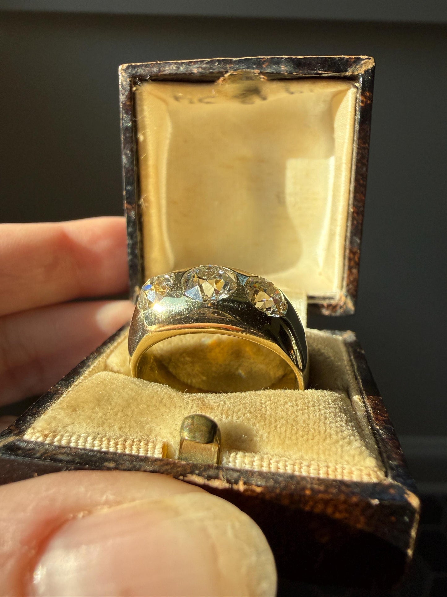 HEAVY Antique 2.4 Carats Natural Old Mine Cut Diamond Three Stone Gypsy Band 10.1g 14k Gold Stacker Ring Man Unisex Chunky