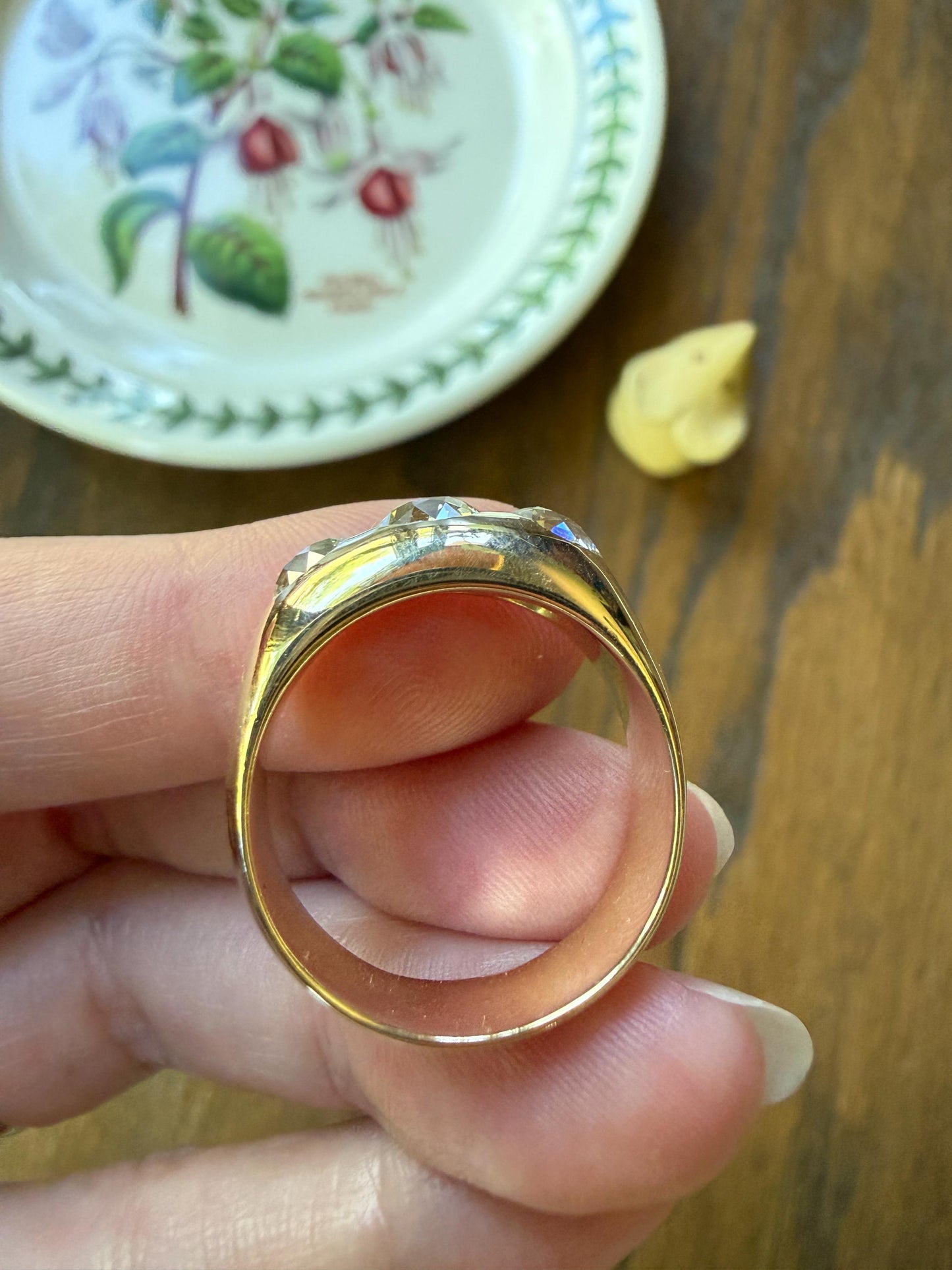 HEAVY Antique 2.4 Carats Natural Old Mine Cut Diamond Three Stone Gypsy Band 10.1g 14k Gold Stacker Ring Man Unisex Chunky