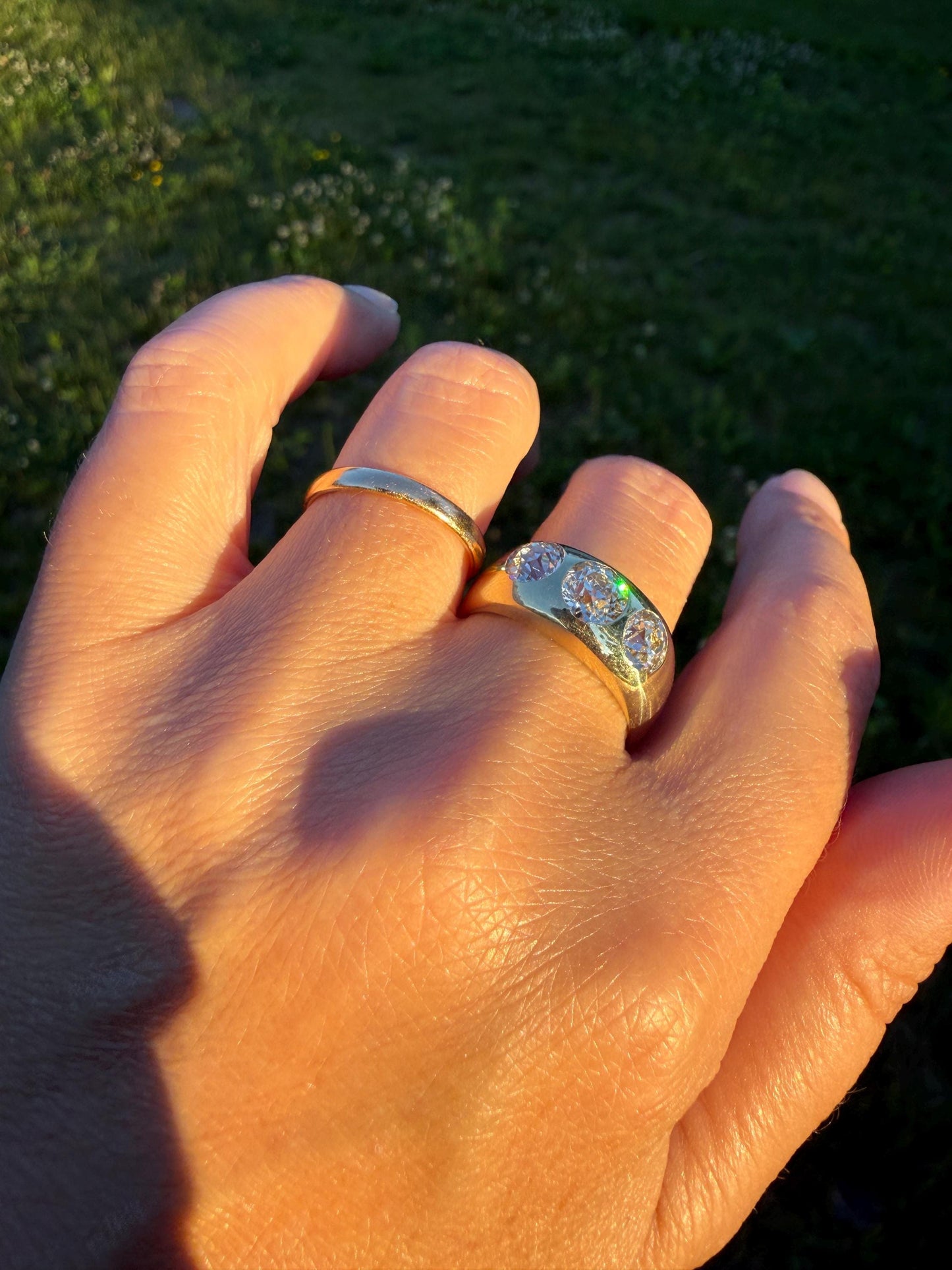 HEAVY Antique 2.4 Carats Natural Old Mine Cut Diamond Three Stone Gypsy Band 10.1g 14k Gold Stacker Ring Man Unisex Chunky