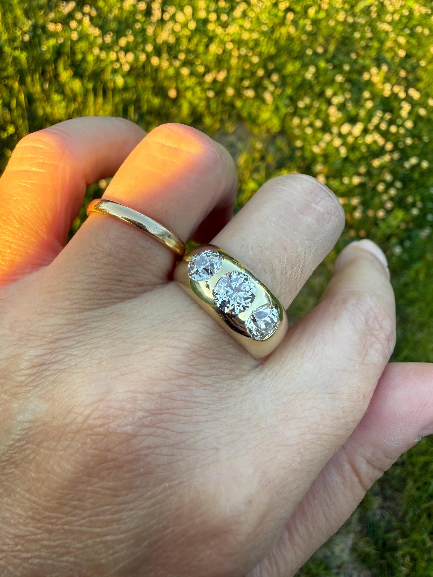 HEAVY Antique 2.4 Carats Natural Old Mine Cut Diamond Three Stone Gypsy Band 10.1g 14k Gold Stacker Ring Man Unisex Chunky