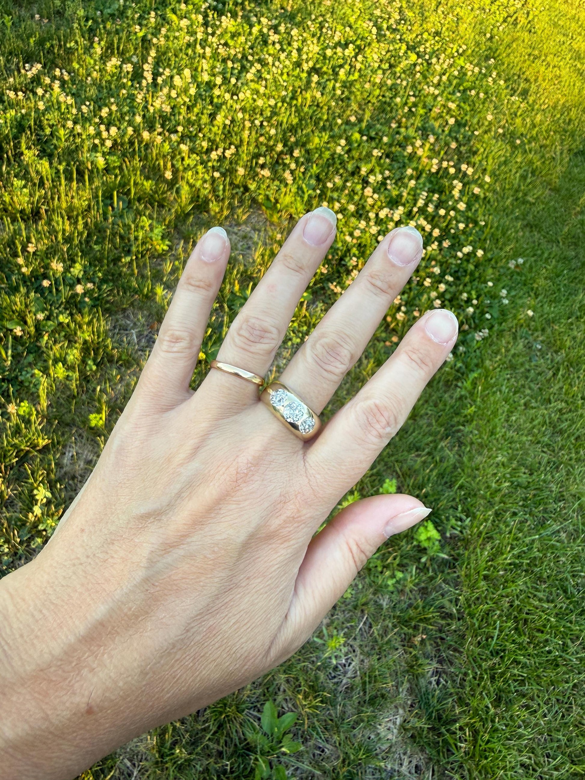 HEAVY Antique 2.4 Carats Natural Old Mine Cut Diamond Three Stone Gypsy Band 10.1g 14k Gold Stacker Ring Man Unisex Chunky