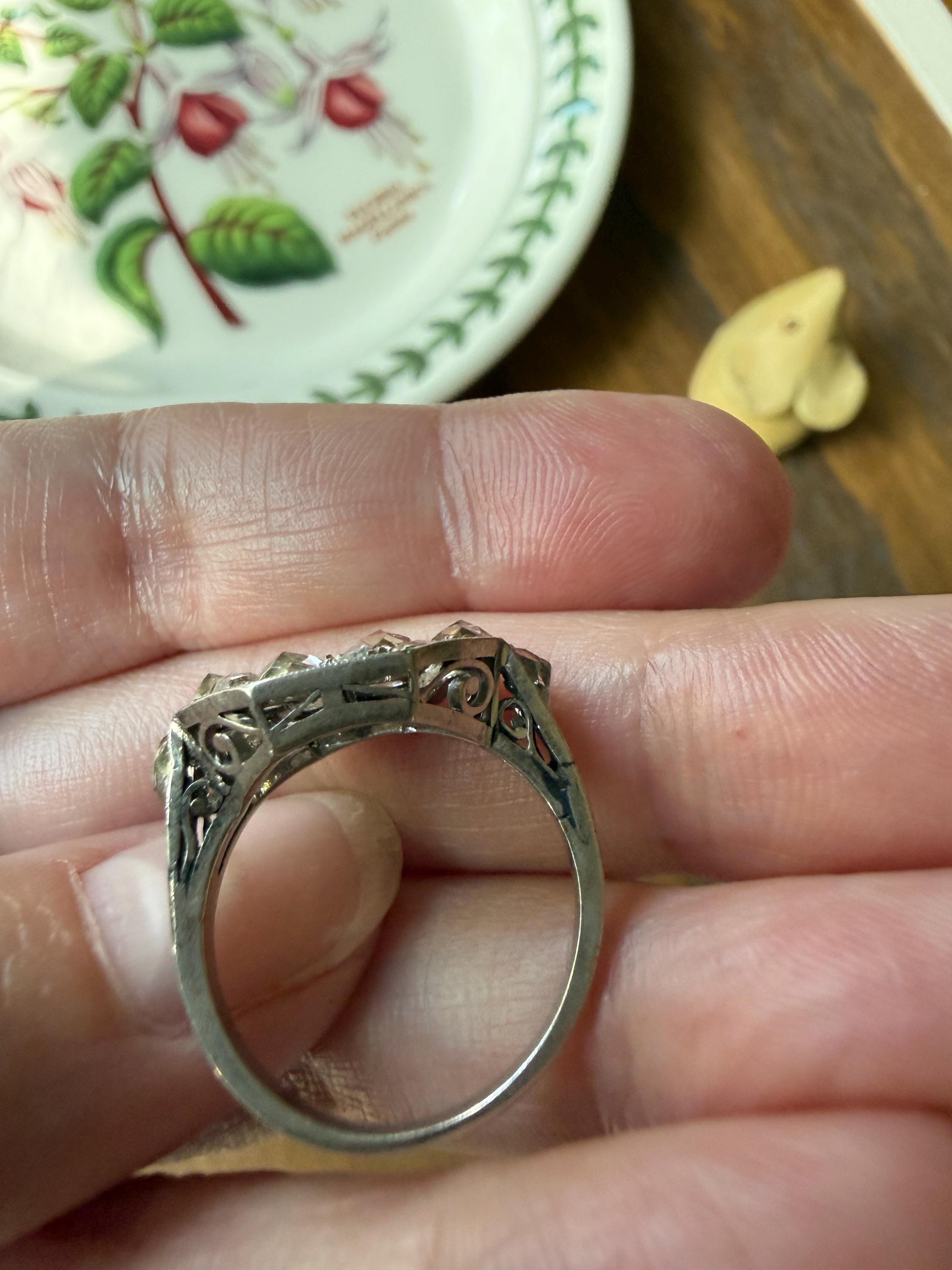 Large Antique Rose Cut Diamond Cobblestone Hexagon Panel Ring PLATINUM French Edwardian Pear & Round Domed Old Cuts Filigree Shield Cluster