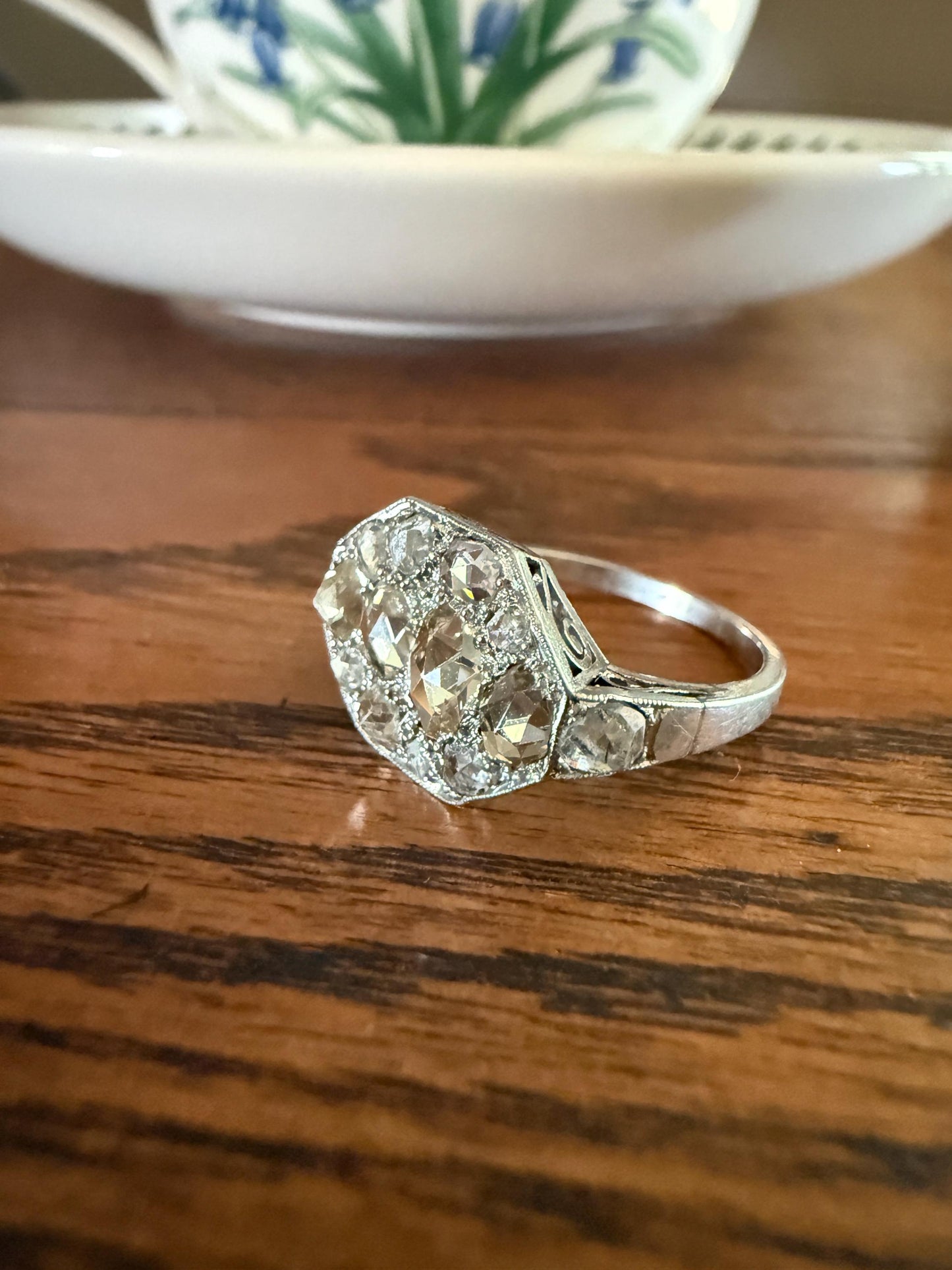 Large Antique Rose Cut Diamond Cobblestone Hexagon Panel Ring PLATINUM French Edwardian Pear & Round Domed Old Cuts Filigree Shield Cluster