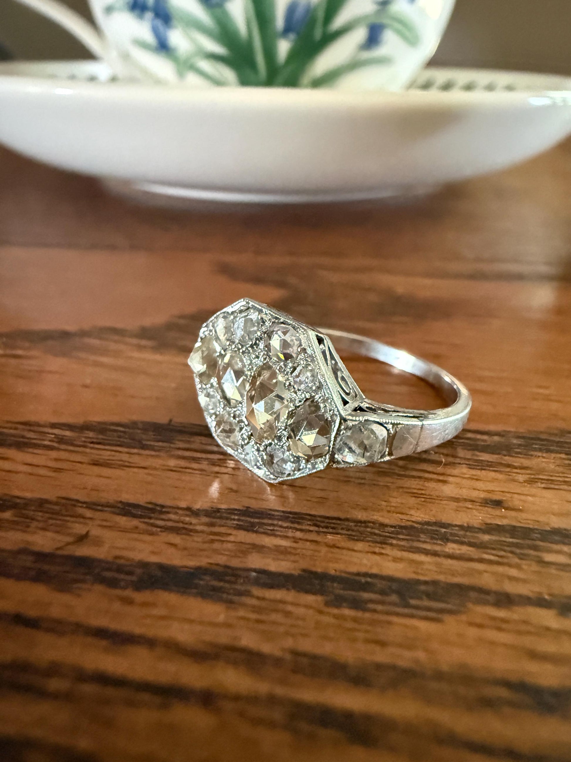 Large Antique Rose Cut Diamond Cobblestone Hexagon Panel Ring PLATINUM French Edwardian Pear & Round Domed Old Cuts Filigree Shield Cluster