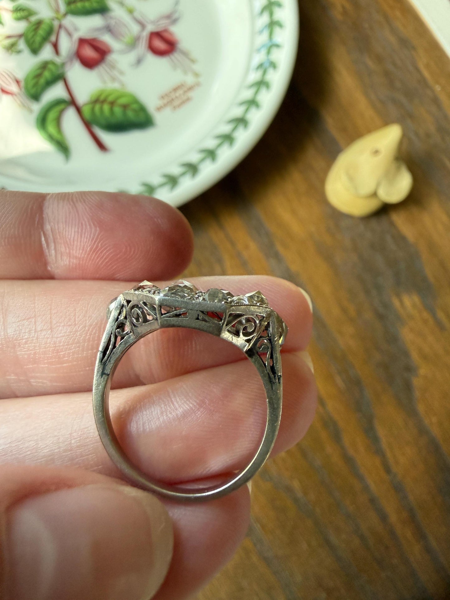 Large Antique Rose Cut Diamond Cobblestone Hexagon Panel Ring PLATINUM French Edwardian Pear & Round Domed Old Cuts Filigree Shield Cluster