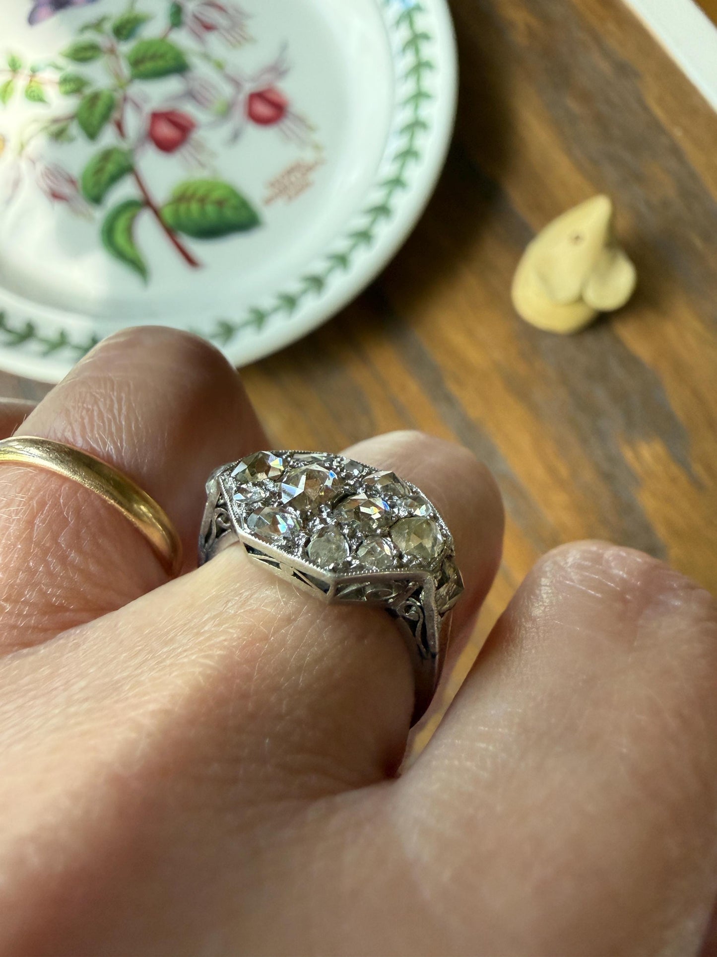 Large Antique Rose Cut Diamond Cobblestone Hexagon Panel Ring PLATINUM French Edwardian Pear & Round Domed Old Cuts Filigree Shield Cluster