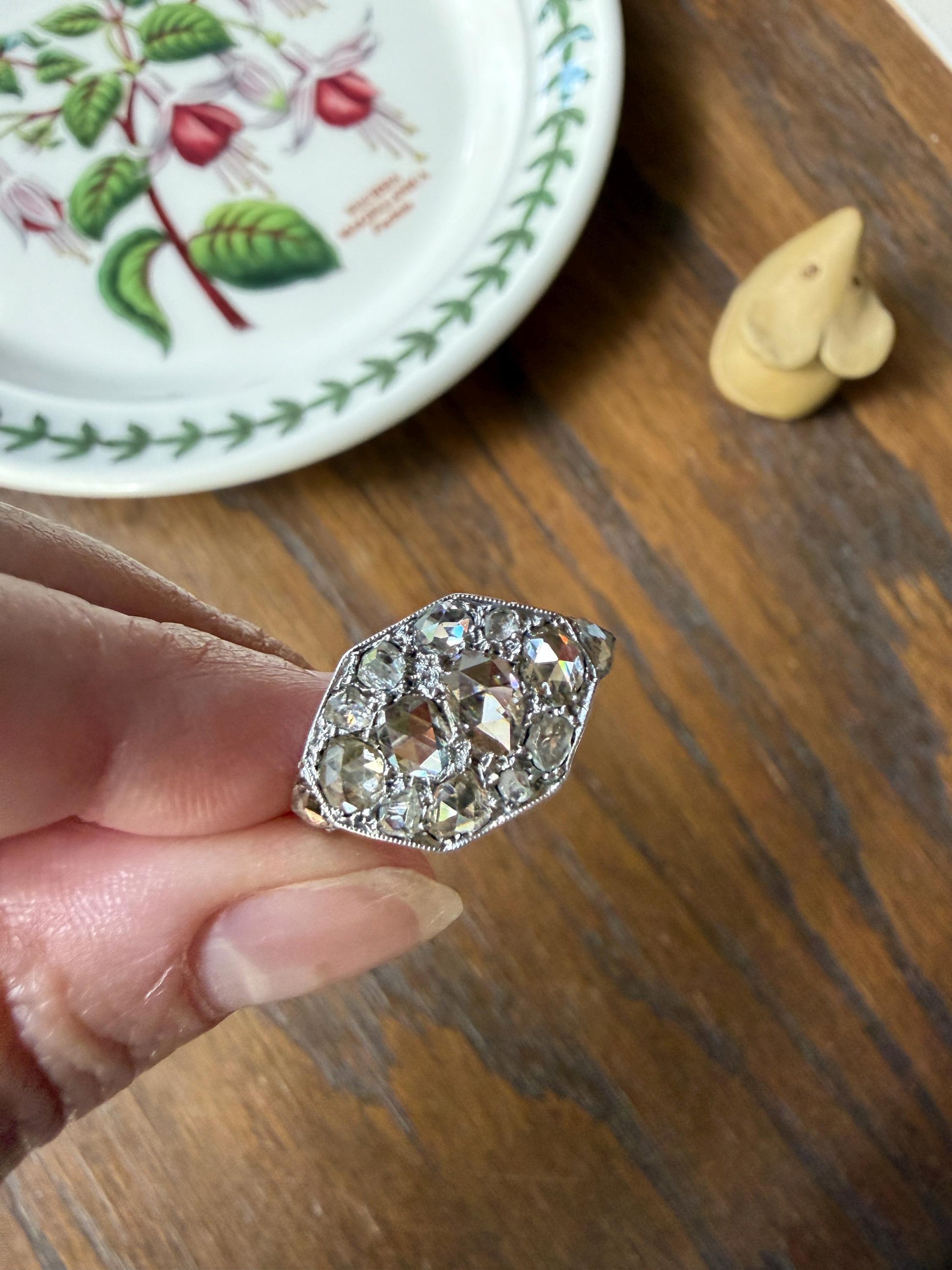 Large Antique Rose Cut Diamond Cobblestone Hexagon Panel Ring PLATINUM French Edwardian Pear & Round Domed Old Cuts Filigree Shield Cluster