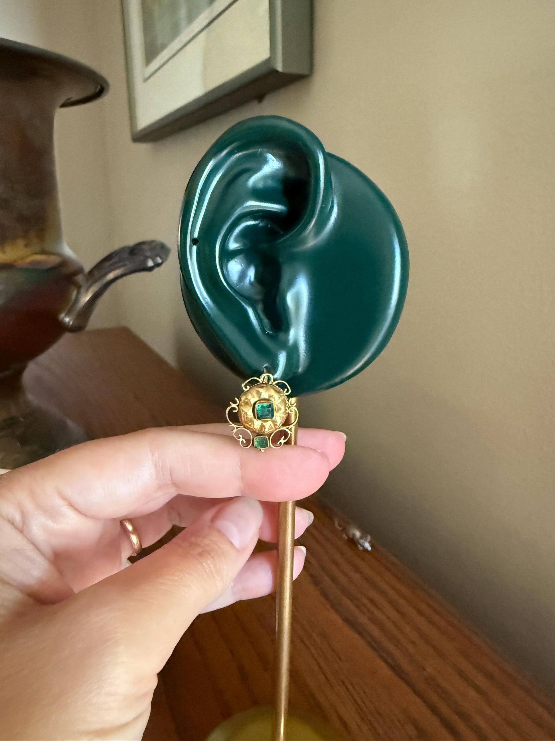 ANTIQUE Iberian Natural Square Cut EMERALD Georgian Era Floral Scrolling Dormeuse Earrings 18k Gold Hand Made Baroque Green