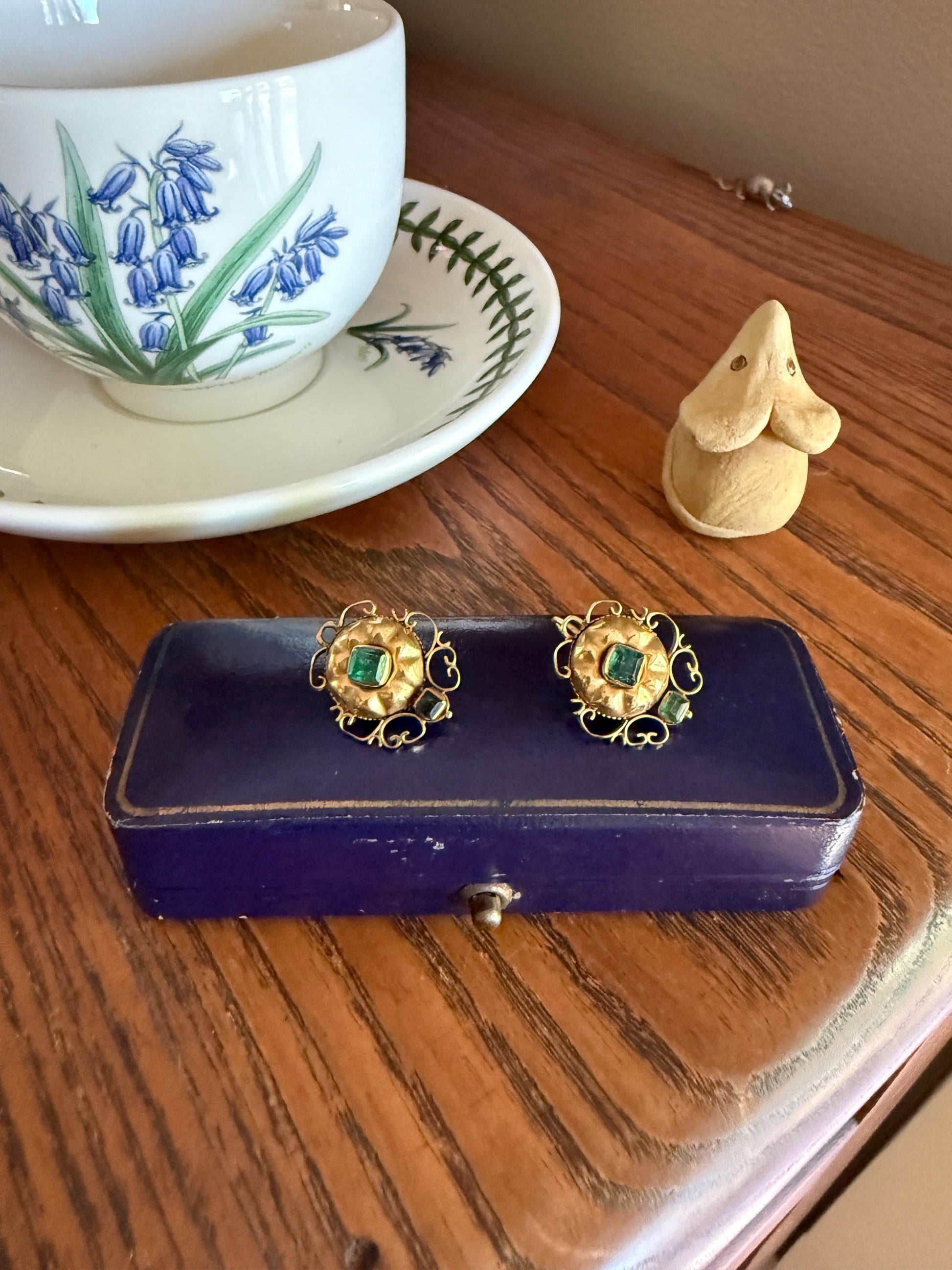 ANTIQUE Iberian Natural Square Cut EMERALD Georgian Era Floral Scrolling Dormeuse Earrings 18k Gold Hand Made Baroque Green