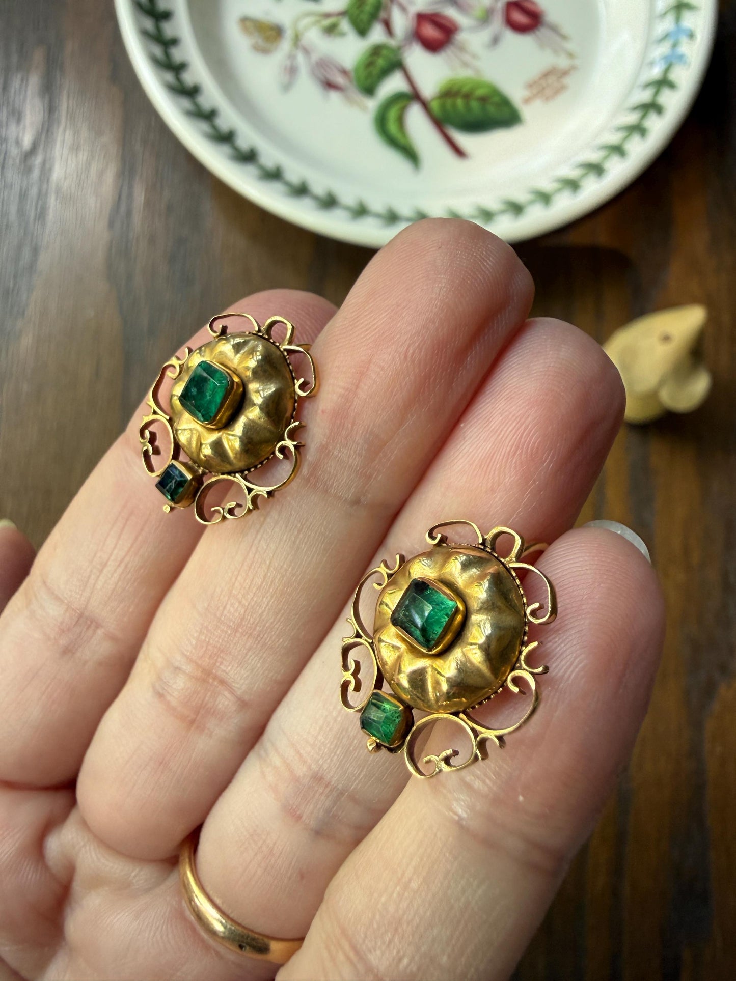 ANTIQUE Iberian Natural Square Cut EMERALD Georgian Era Floral Scrolling Dormeuse Earrings 18k Gold Hand Made Baroque Green