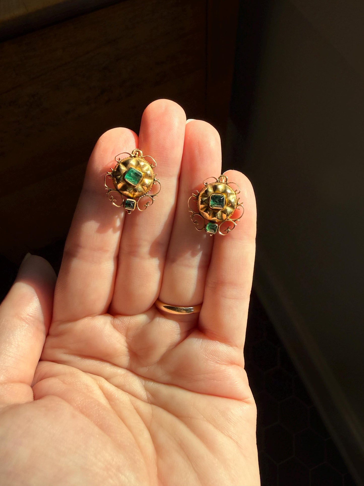 ANTIQUE Iberian Natural Square Cut EMERALD Georgian Era Floral Scrolling Dormeuse Earrings 18k Gold Hand Made Baroque Green
