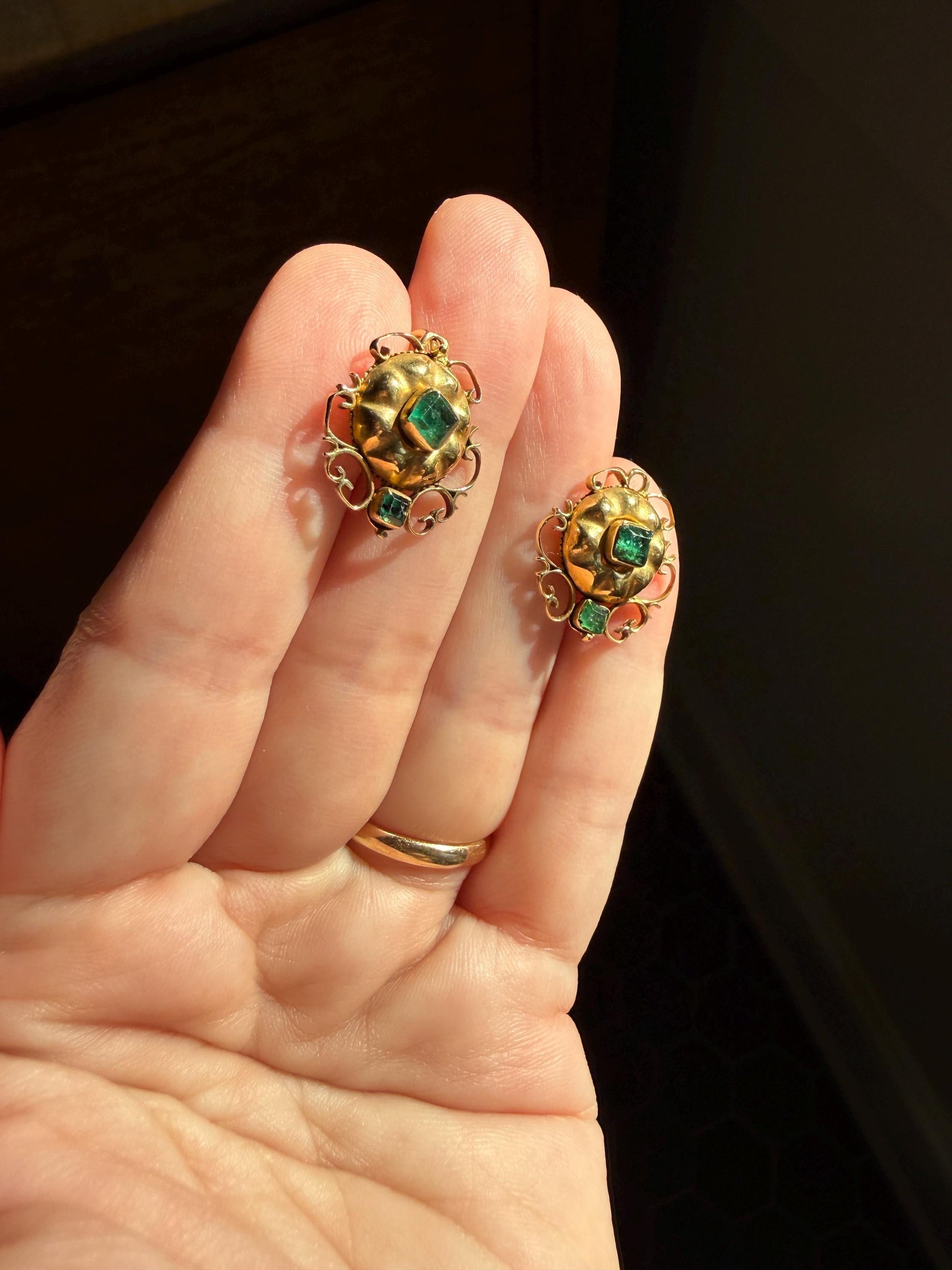 ANTIQUE Iberian Natural Square Cut EMERALD Georgian Era Floral Scrolling Dormeuse Earrings 18k Gold Hand Made Baroque Green