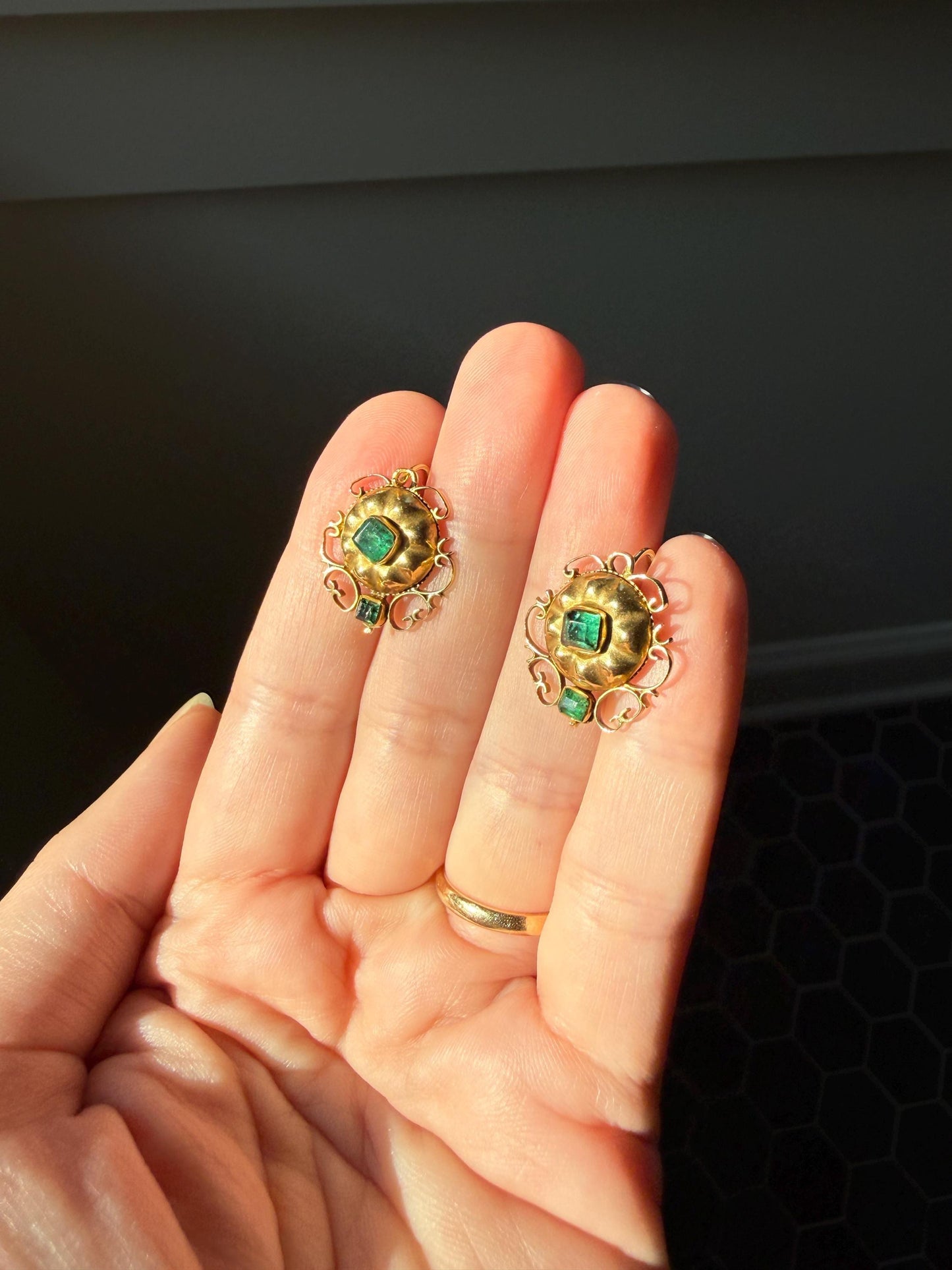 ANTIQUE Iberian Natural Square Cut EMERALD Georgian Era Floral Scrolling Dormeuse Earrings 18k Gold Hand Made Baroque Green