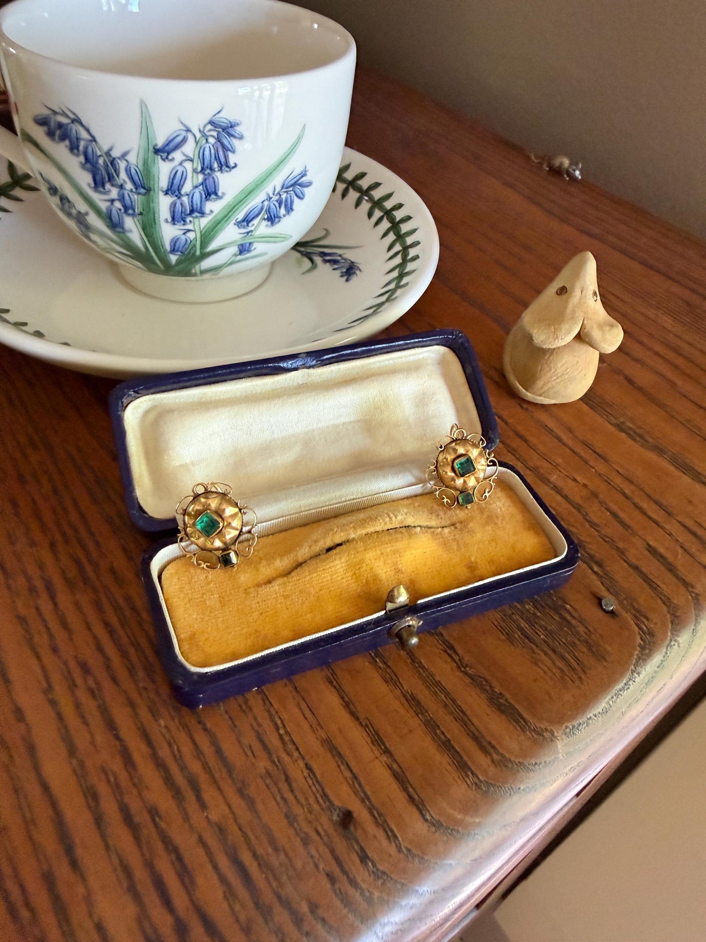 ANTIQUE Iberian Natural Square Cut EMERALD Georgian Era Floral Scrolling Dormeuse Earrings 18k Gold Hand Made Baroque Green