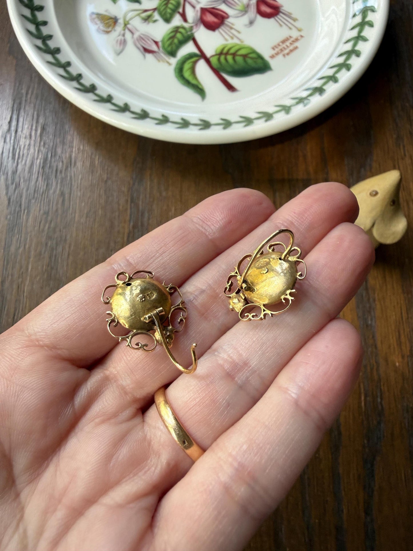 ANTIQUE Iberian Natural Square Cut EMERALD Georgian Era Floral Scrolling Dormeuse Earrings 18k Gold Hand Made Baroque Green