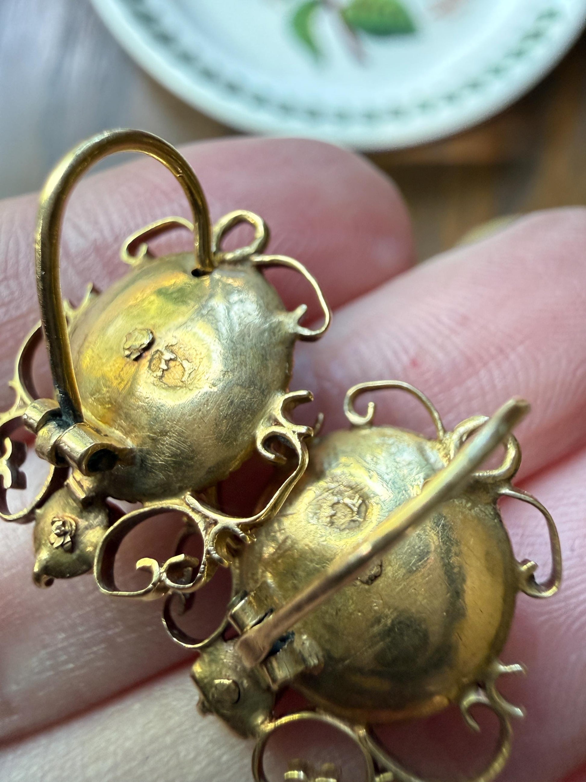 ANTIQUE Iberian Natural Square Cut EMERALD Georgian Era Floral Scrolling Dormeuse Earrings 18k Gold Hand Made Baroque Green