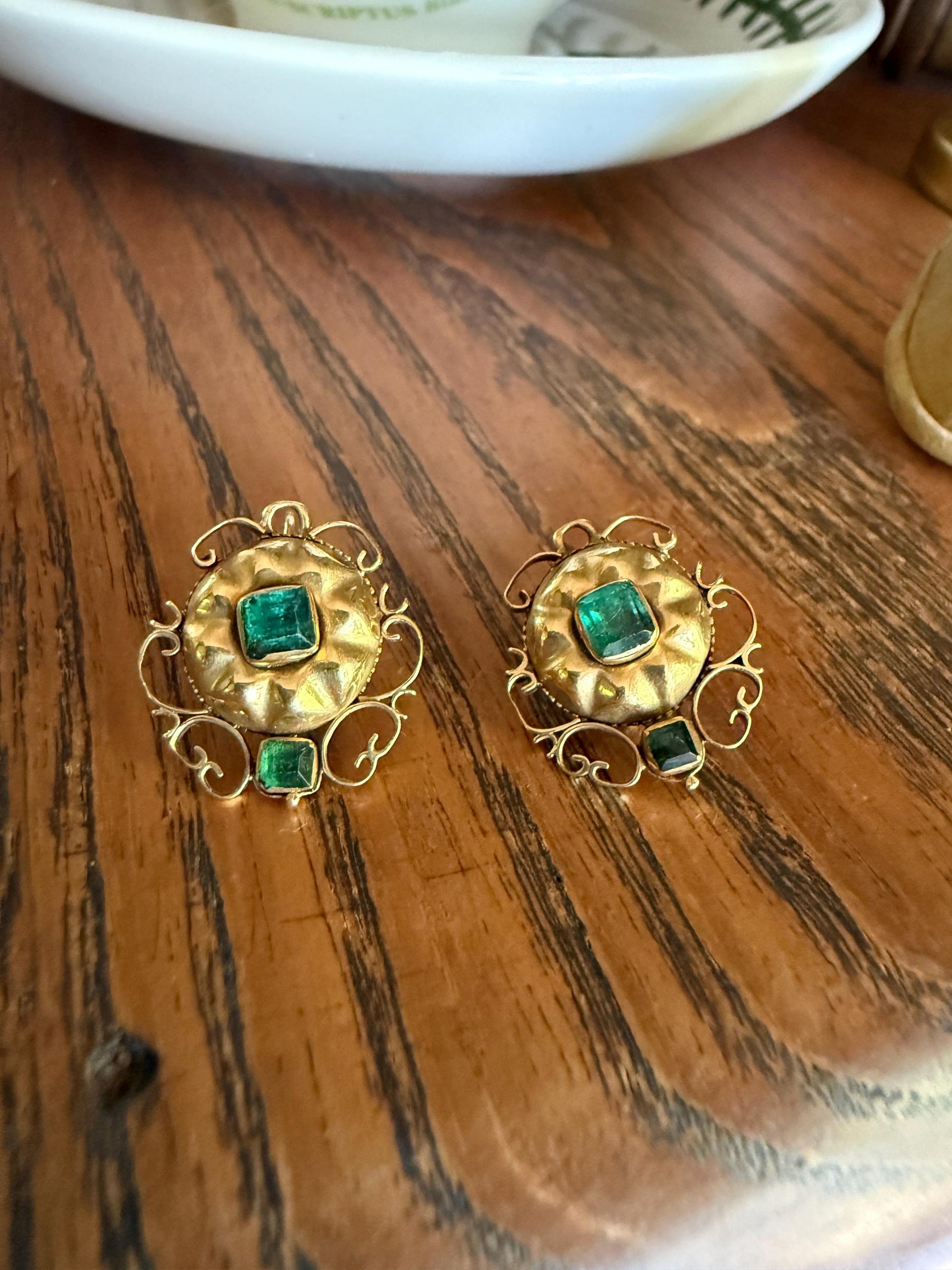 ANTIQUE Iberian Natural Square Cut EMERALD Georgian Era Floral Scrolling Dormeuse Earrings 18k Gold Hand Made Baroque Green