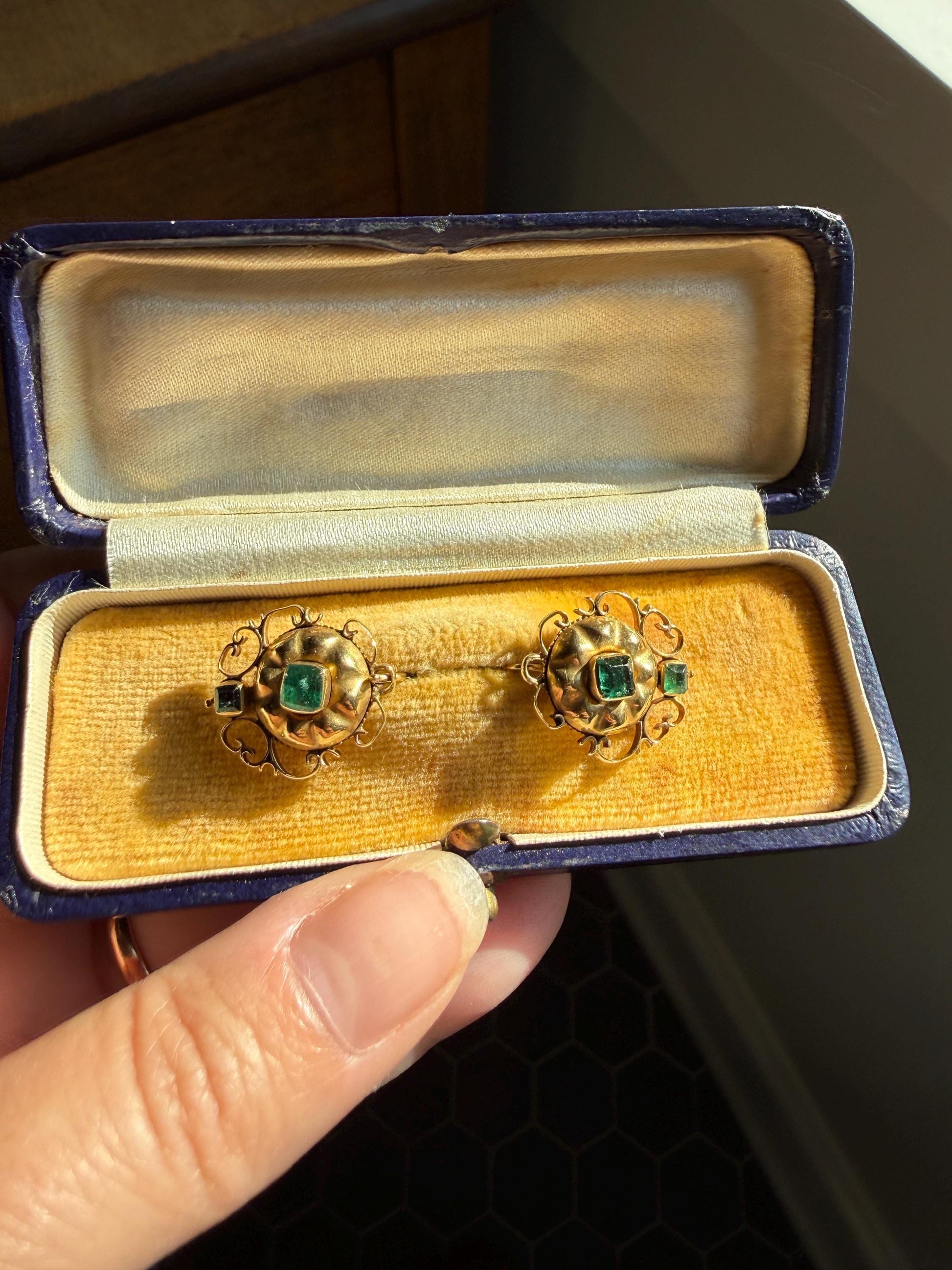 ANTIQUE Iberian Natural Square Cut EMERALD Georgian Era Floral Scrolling Dormeuse Earrings 18k Gold Hand Made Baroque Green