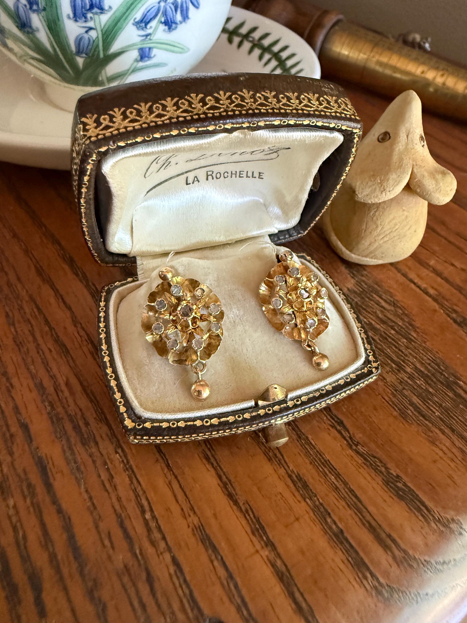 STAR Floral Antique Iberian Earrings Georgian Era 18k Gold Figural Rose Cut Diamond Starburst 3D Traditional Spanish Regional