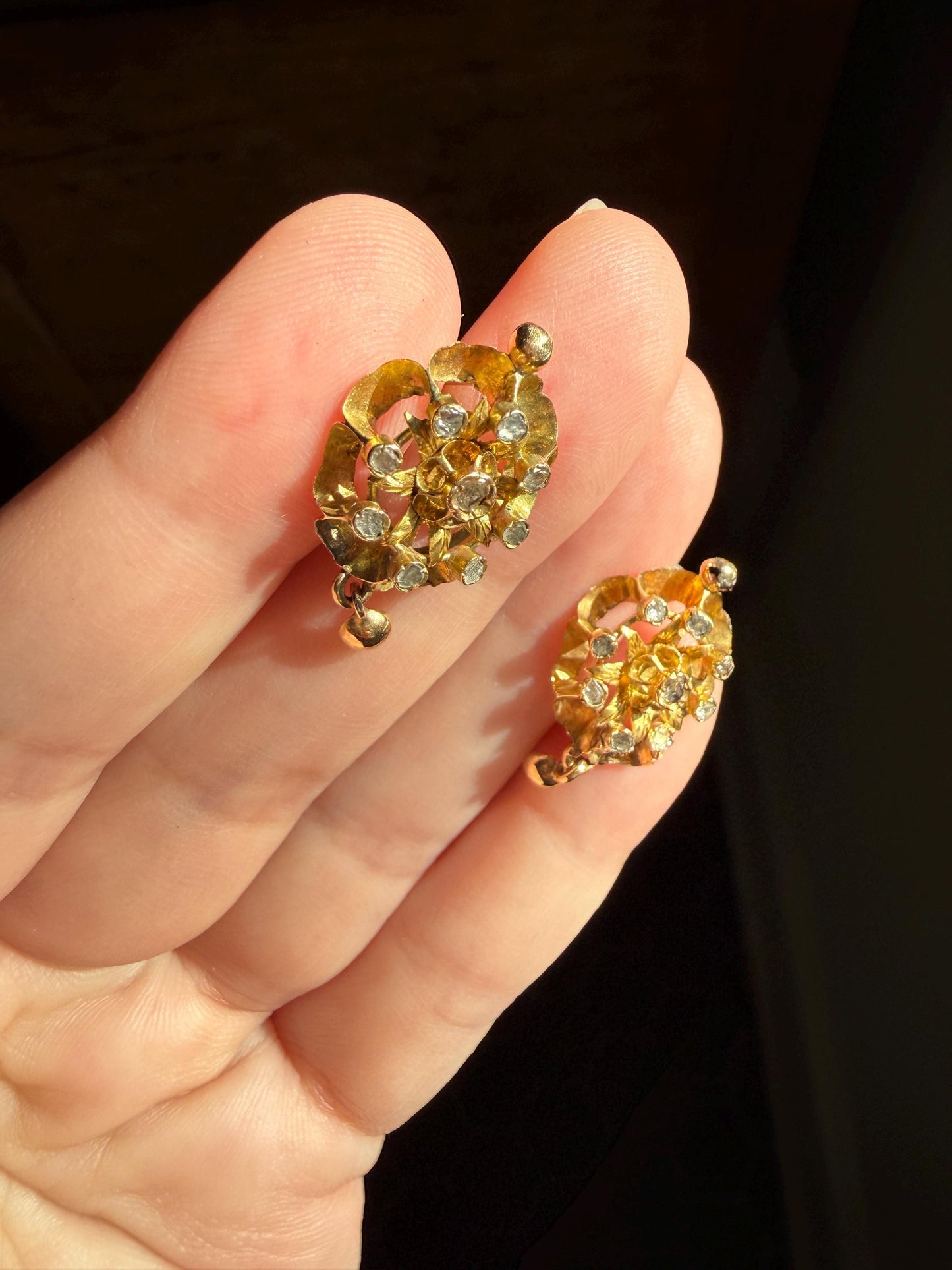 STAR Floral Antique Iberian Earrings Georgian Era 18k Gold Figural Rose Cut Diamond Starburst 3D Traditional Spanish Regional