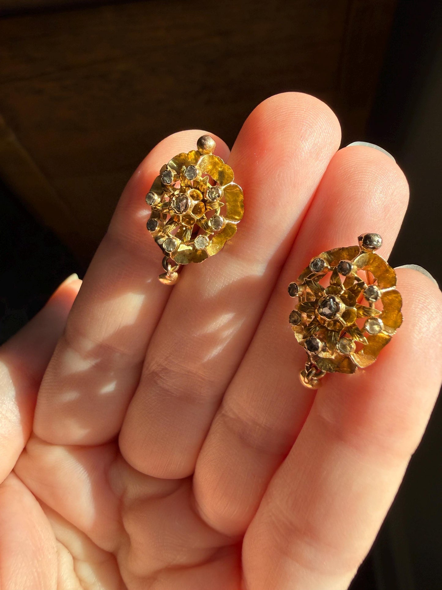 STAR Floral Antique Iberian Earrings Georgian Era 18k Gold Figural Rose Cut Diamond Starburst 3D Traditional Spanish Regional