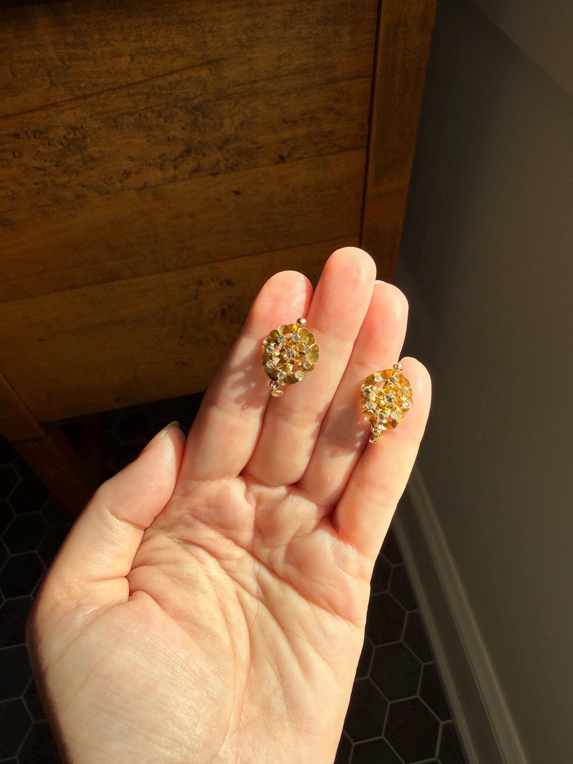 STAR Floral Antique Iberian Earrings Georgian Era 18k Gold Figural Rose Cut Diamond Starburst 3D Traditional Spanish Regional