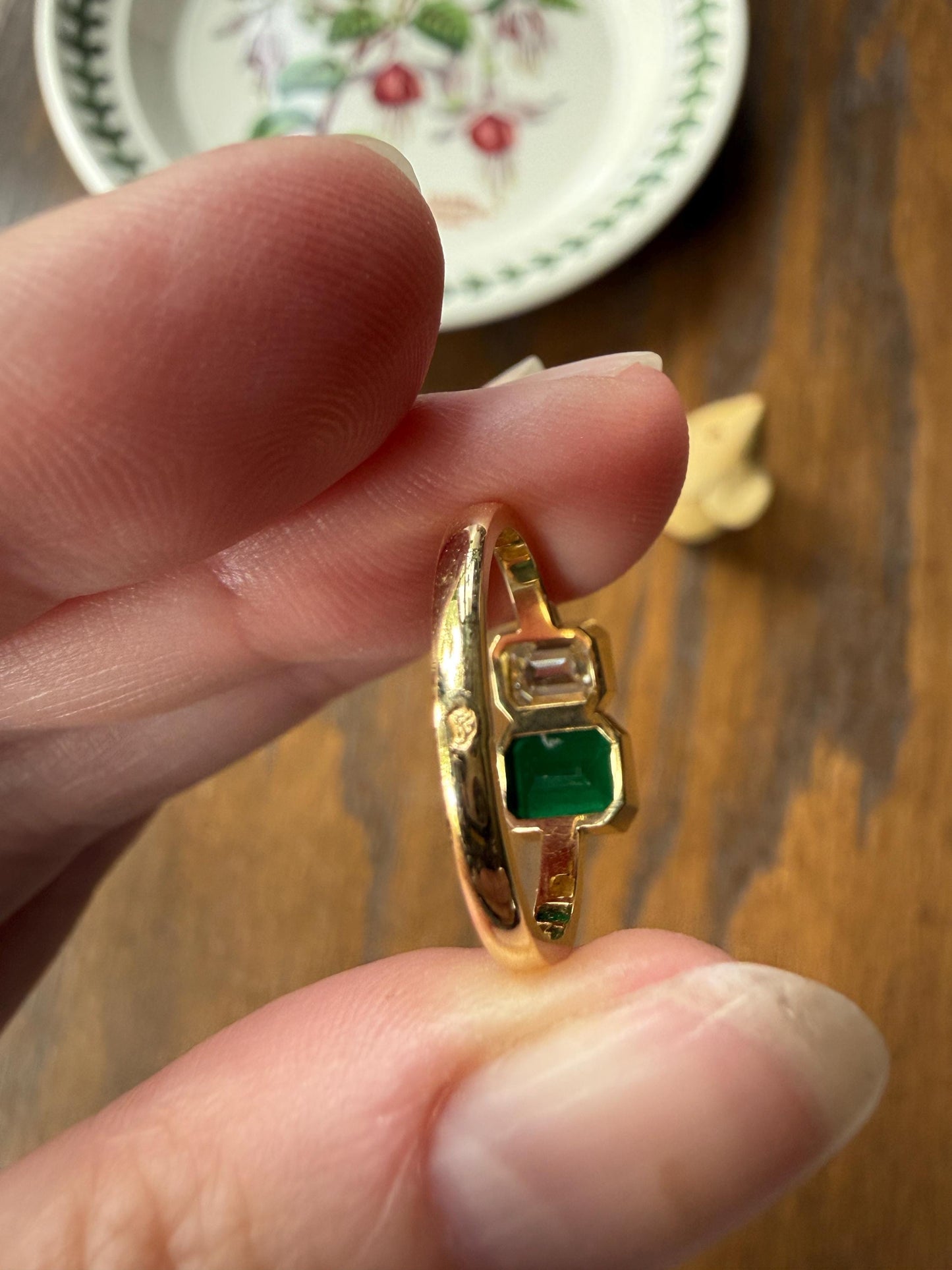 Vintage Emerald Cut Diamond Natural Green Emerald Toi et Moi Ring French 18k Gold Bezel Set Geometric Stacker Ring Unique Engagement