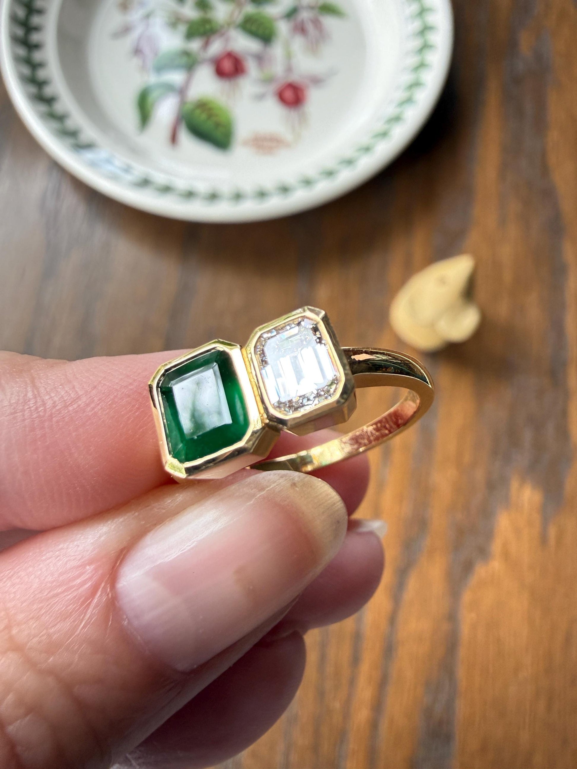 Vintage Emerald Cut Diamond Natural Green Emerald Toi et Moi Ring French 18k Gold Bezel Set Geometric Stacker Ring Unique Engagement