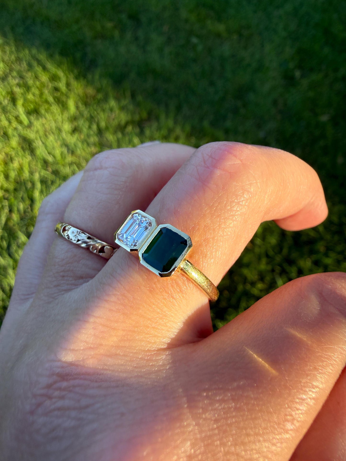 Vintage Emerald Cut Diamond Natural Green Emerald Toi et Moi Ring French 18k Gold Bezel Set Geometric Stacker Ring Unique Engagement