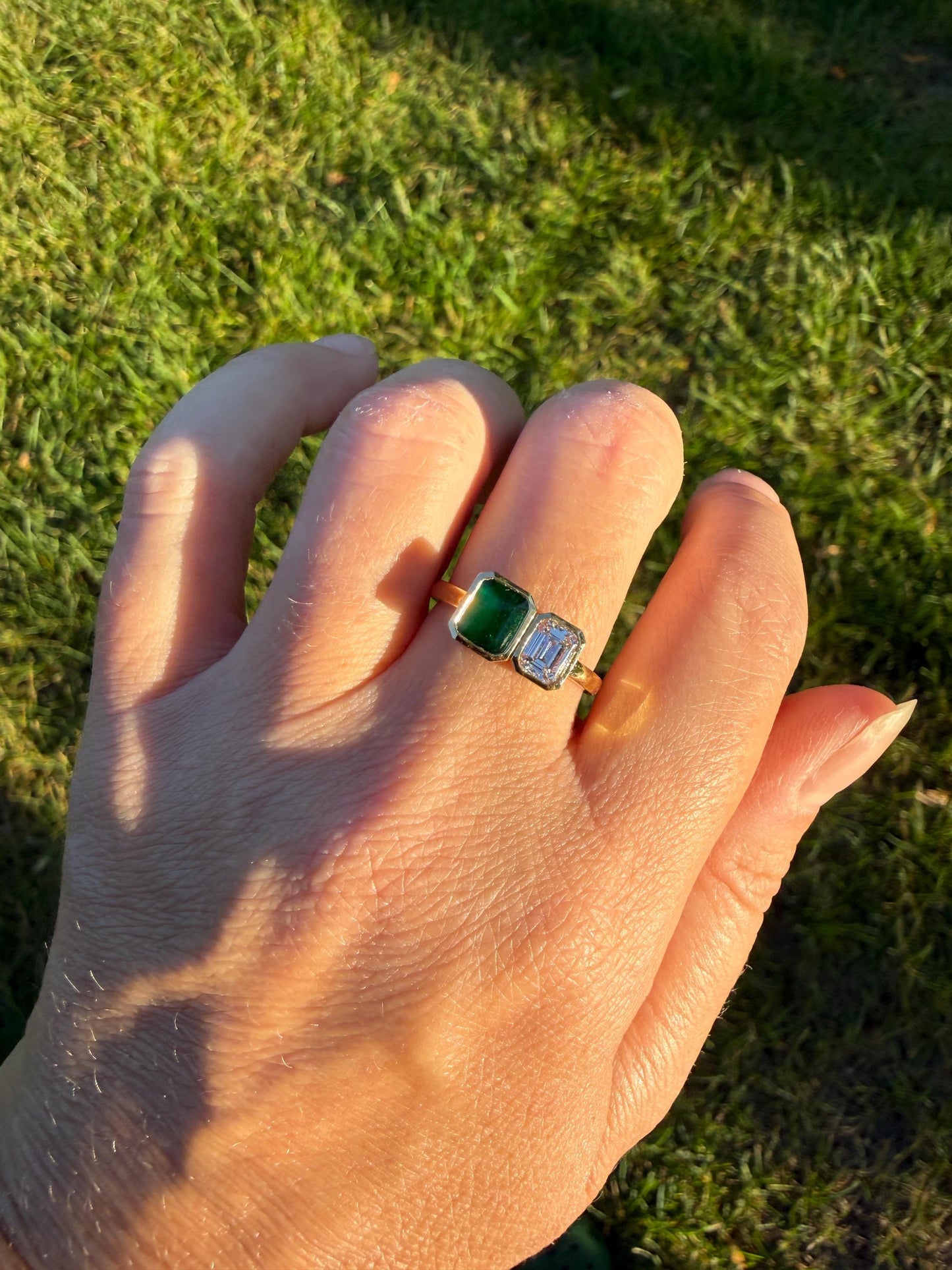 Vintage Emerald Cut Diamond Natural Green Emerald Toi et Moi Ring French 18k Gold Bezel Set Geometric Stacker Ring Unique Engagement