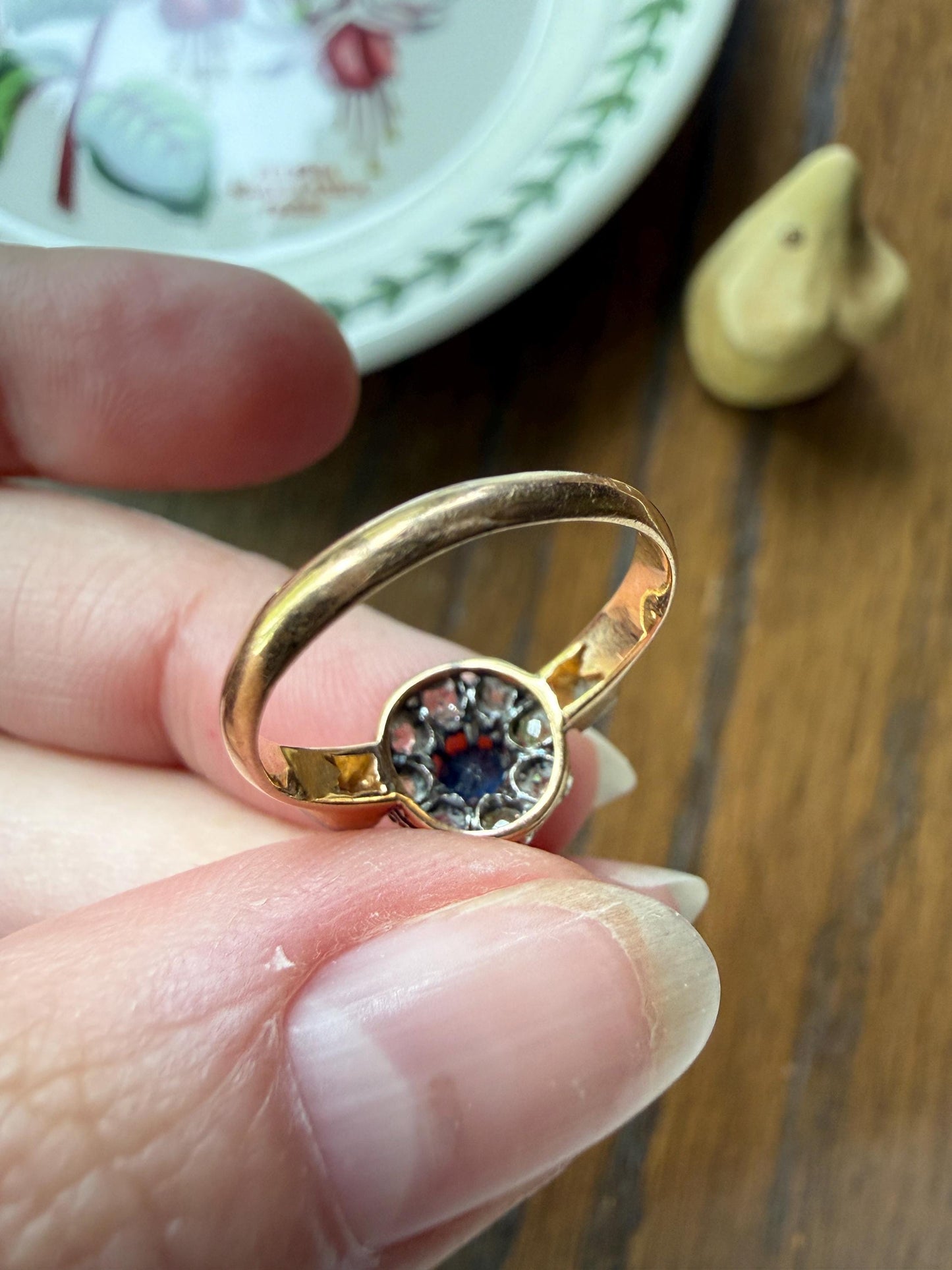 Antique Natural Sapphire Mixed Old Cut Diamond Halo Ring French Victorian 18k Gold Mine Rose & Table Cut Fancy Light Yellow Cluster Blue